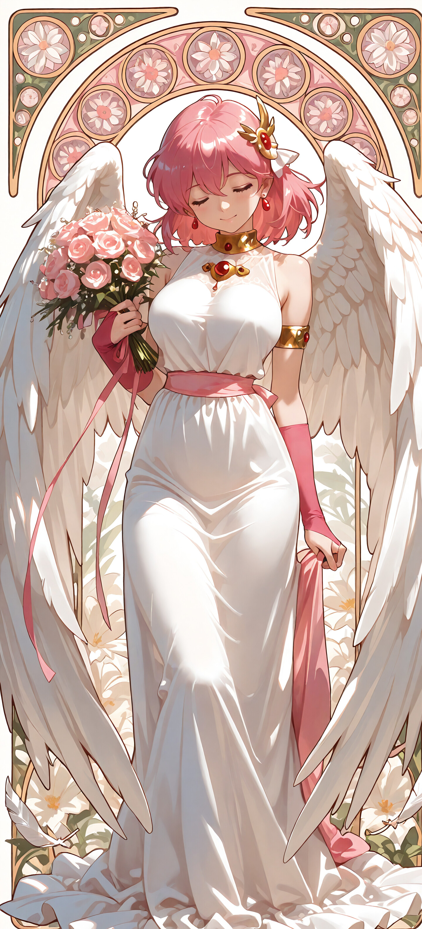 An Art Nouveau portrait of Lenna Charlotte Tycoon from Final Fantasy V, depicted as an angel with pink hair and a white dress, holding a bouquet of pink roses with a serene expression.