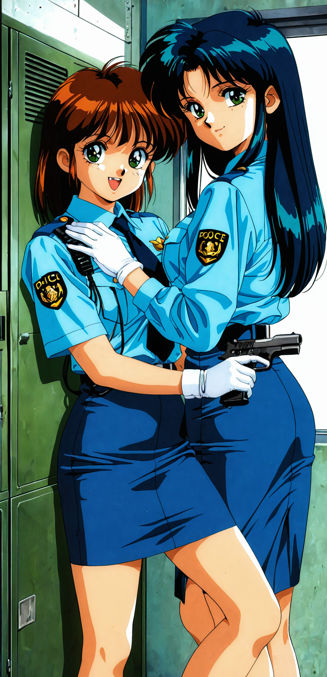 Anime girl in police uniform holding a handgun, industrial setting, confident expression, 90s retro style.