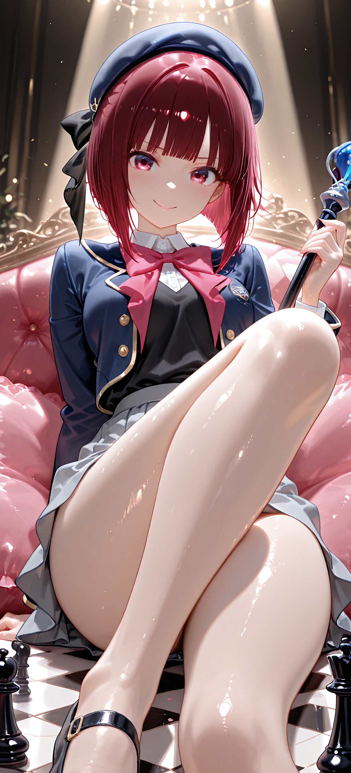An anime girl in a school uniform, sitting on a cushioned chair, holding a scepter, and wearing a beret with a ribbon. The scene is lit with soft, cinematic lighting, emphasizing the intricate details and vibrant colors.