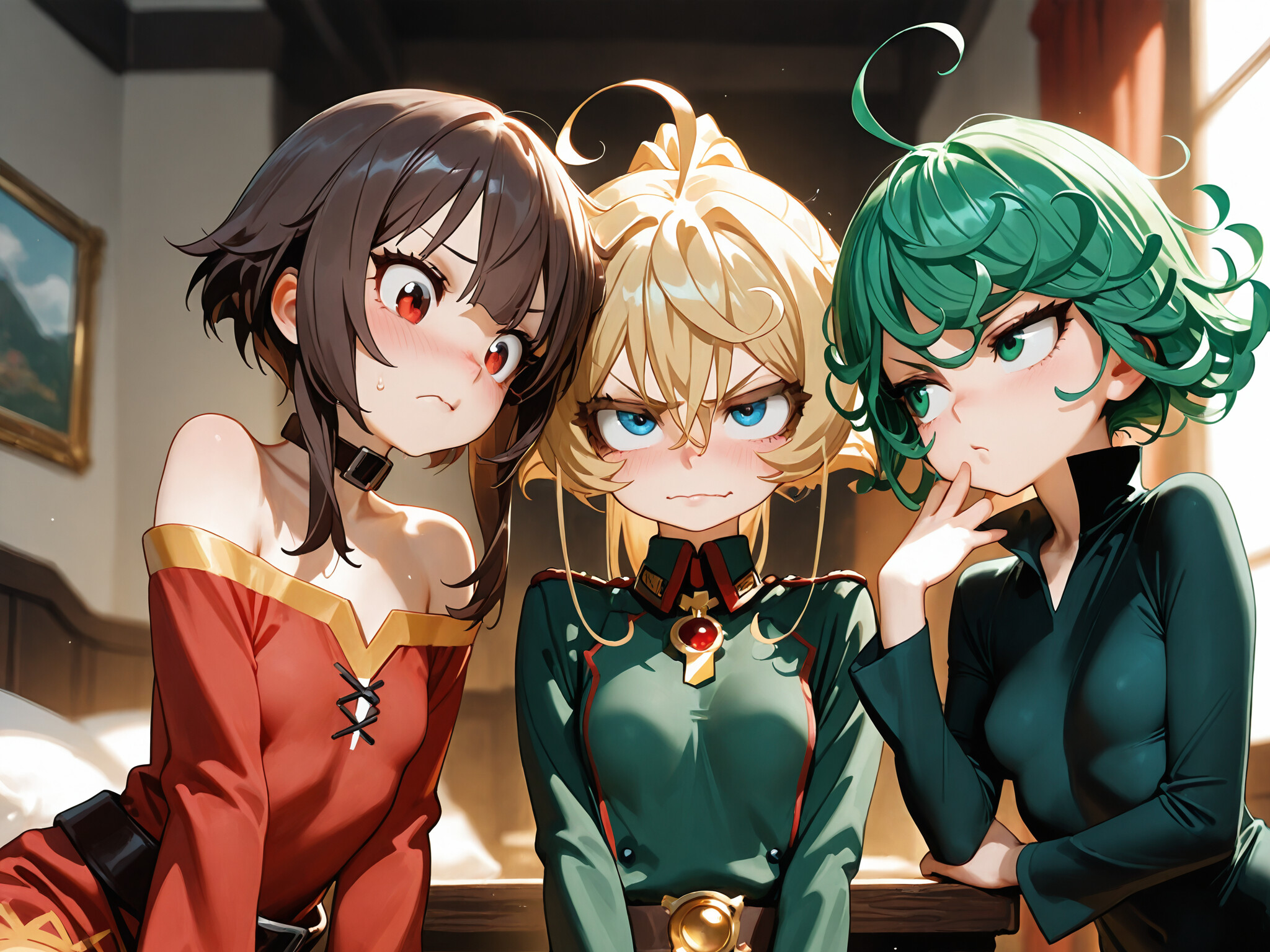 Anime girls trio illustration featuring Tanya Degurechaff, Tatsumaki, and Megumin in a detailed and colorful artwork.