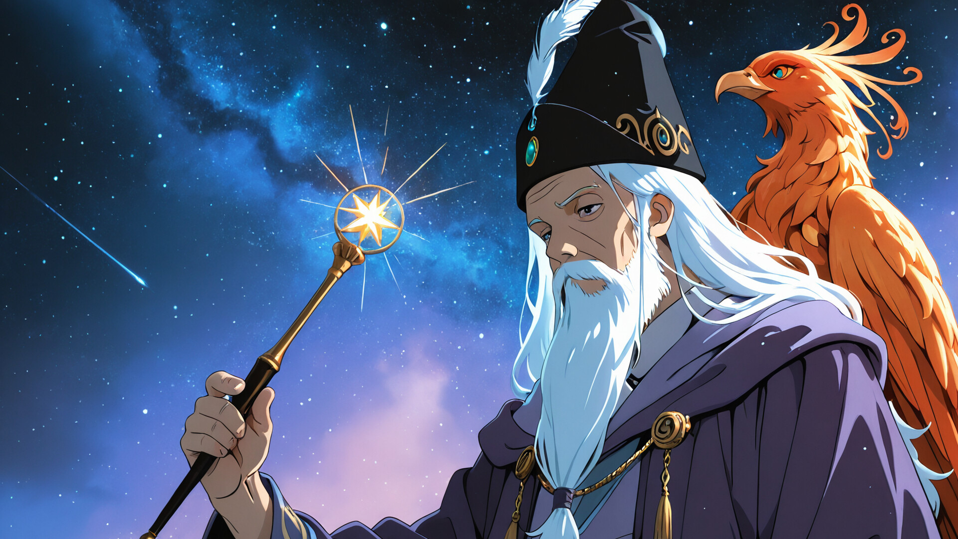 An anime-style portrait of Albus Dumbledore, a wizard with a long white beard and purple robes, holding a star-tipped wand, with a large orange phoenix behind him against a starry night sky.