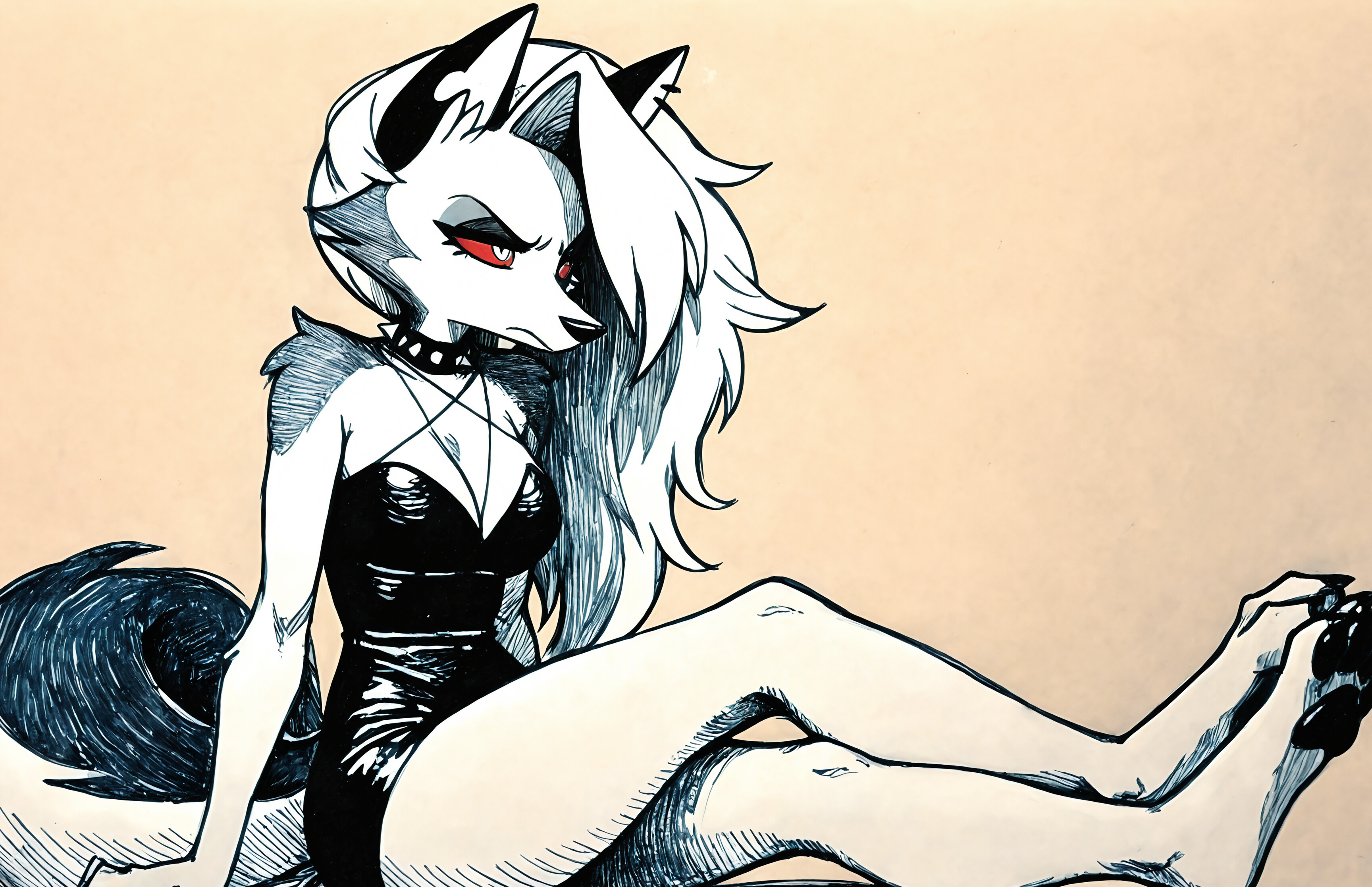 A full-body ink sketch of Loona from Helluva Boss, an anthropomorphic wolf girl with white and grey fur. She is sitting with her legs crossed, wearing a tight, short black dress and a studded choker, looking away from the viewer with an annoyed expression. The style is a traditional sketch with hatching on sepia-toned paper.