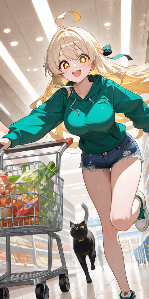 An anime-style illustration of a cheerful blonde girl, Artoria Pendragon (Saber), in a green hoodie and denim shorts, running energetically through a supermarket aisle while pushing two shopping carts filled with groceries.