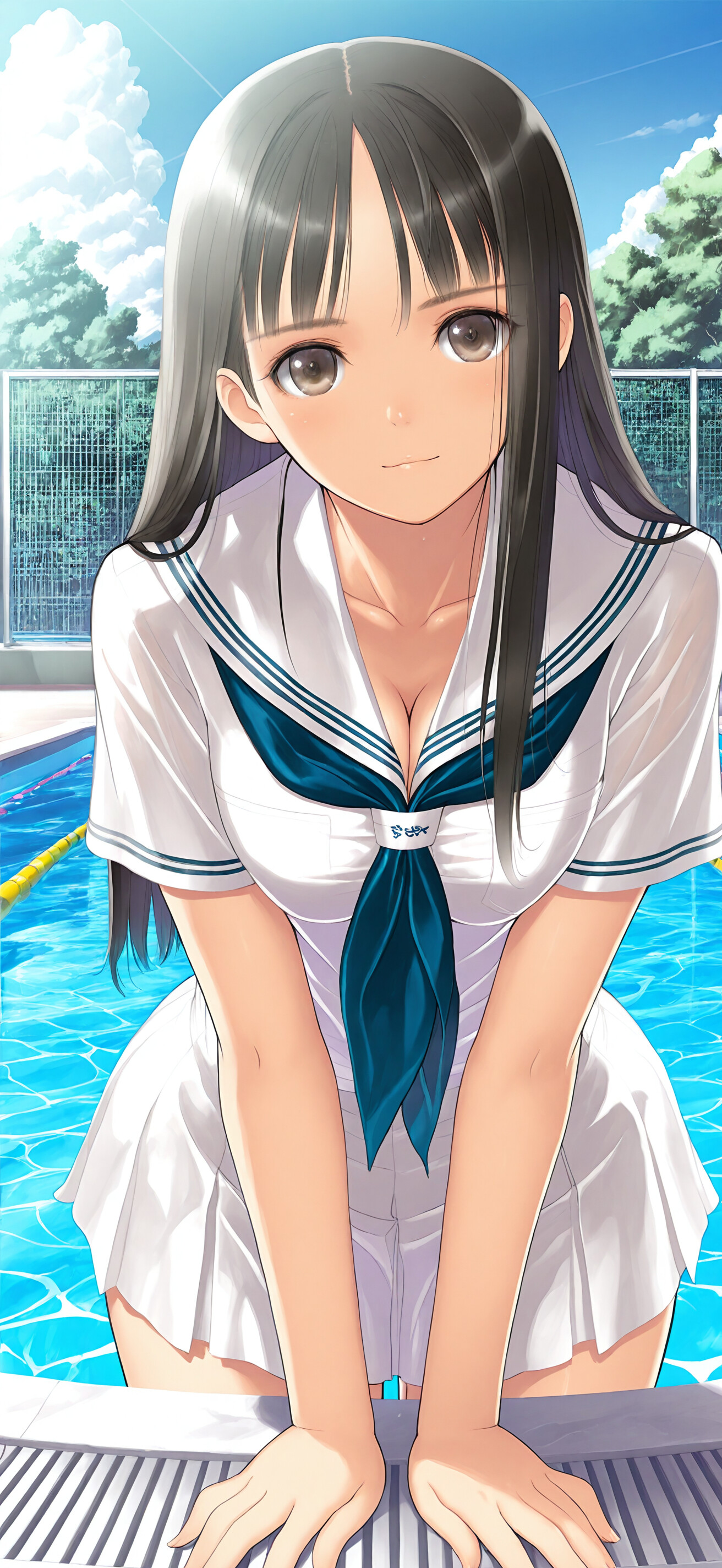 An anime-style illustration of a young woman with long black hair and brown eyes, wearing a Japanese school uniform, leaning forward next to a bright blue swimming pool.
