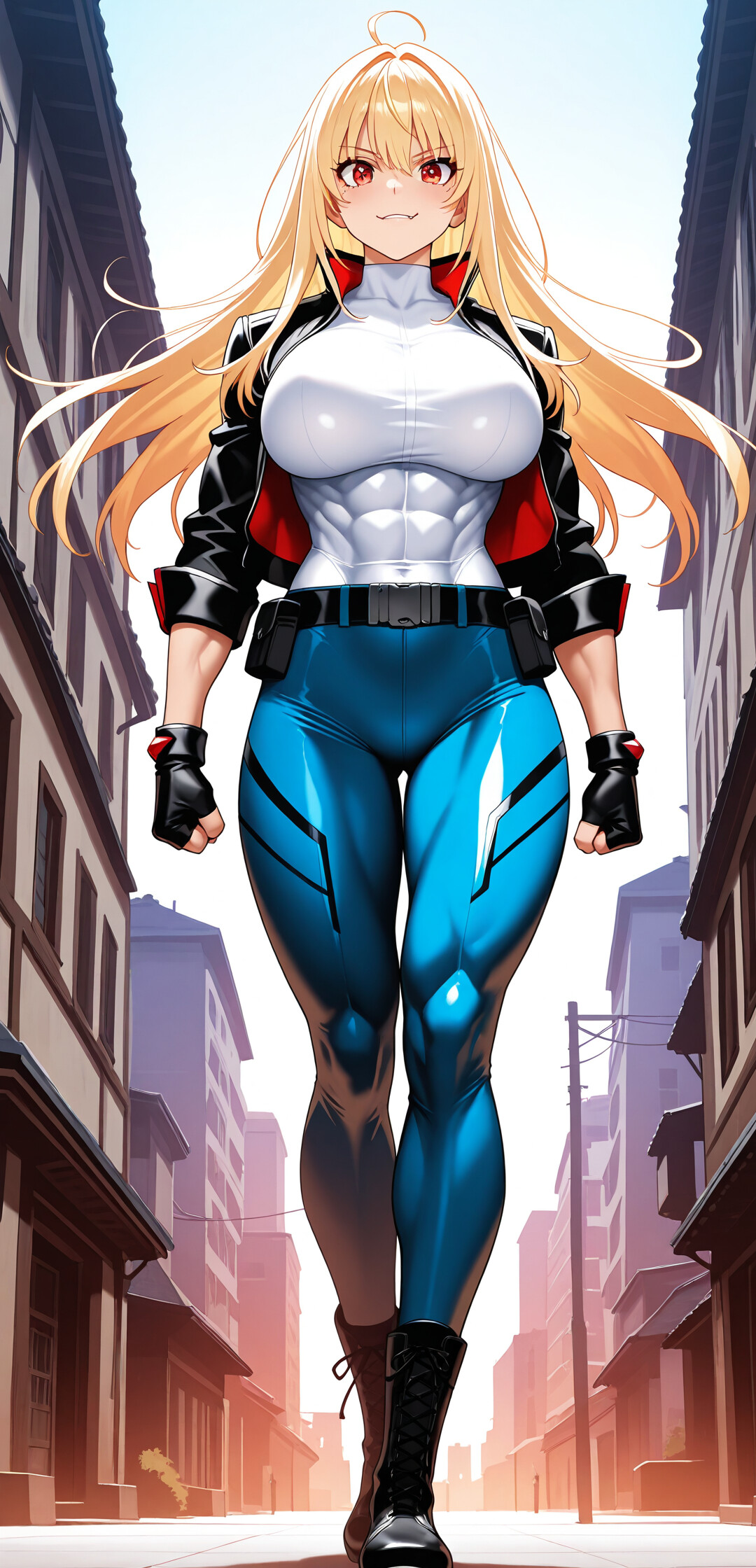 A full-length anime illustration of Asagi Igawa from Taimanin. She has long blonde hair and red eyes, and is walking forward with a confident expression. She is wearing a white shirt, black jacket, blue pants, and black boots on a city street.
