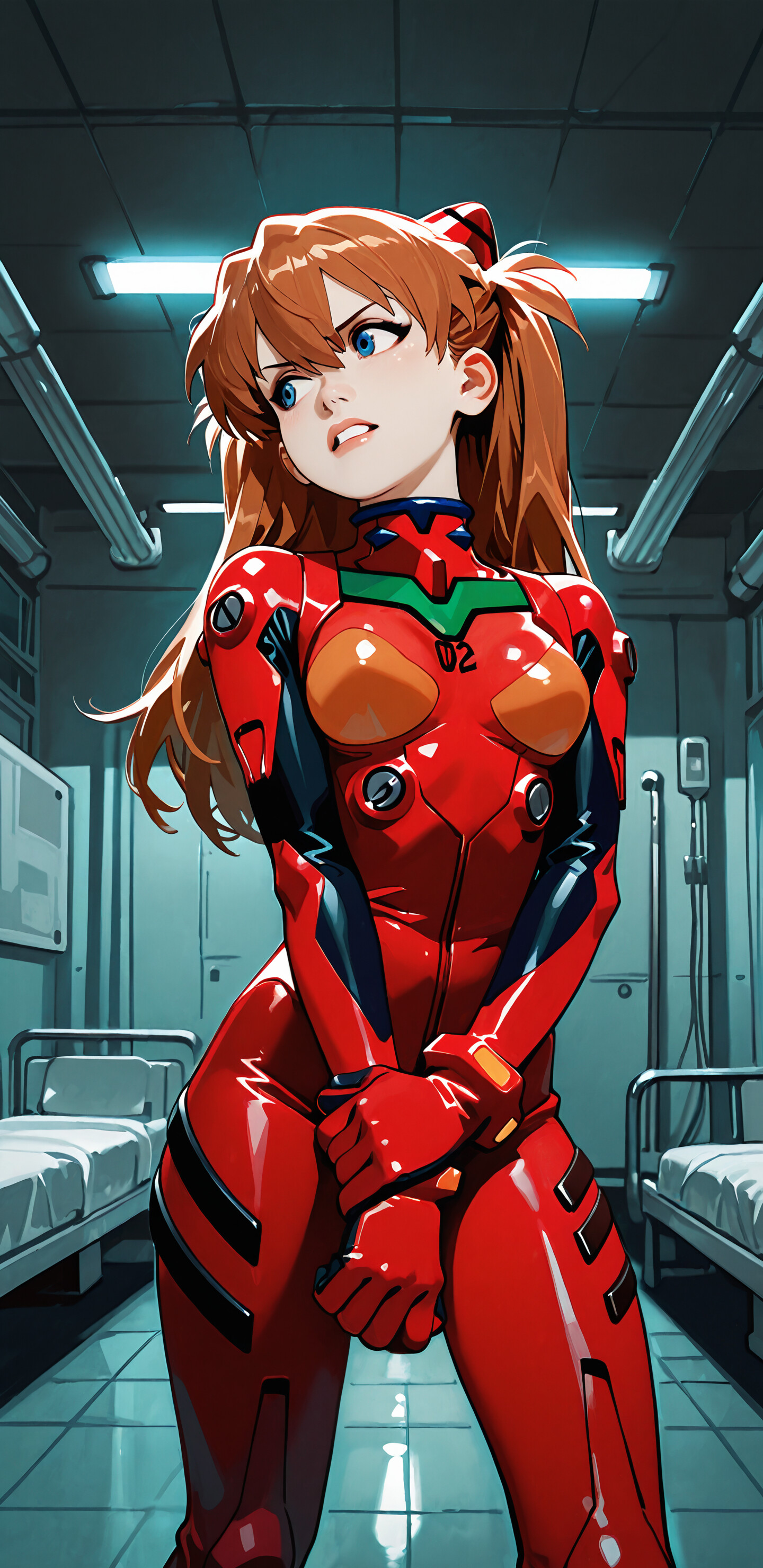 A full-body illustration of the anime character Asuka Langley Soryu from Neon Genesis Evangelion. She stands in a dimly lit hospital room, wearing her glossy red plugsuit. Her orange hair is in pigtails, and she has a serious, sullen expression as she looks down to the side.