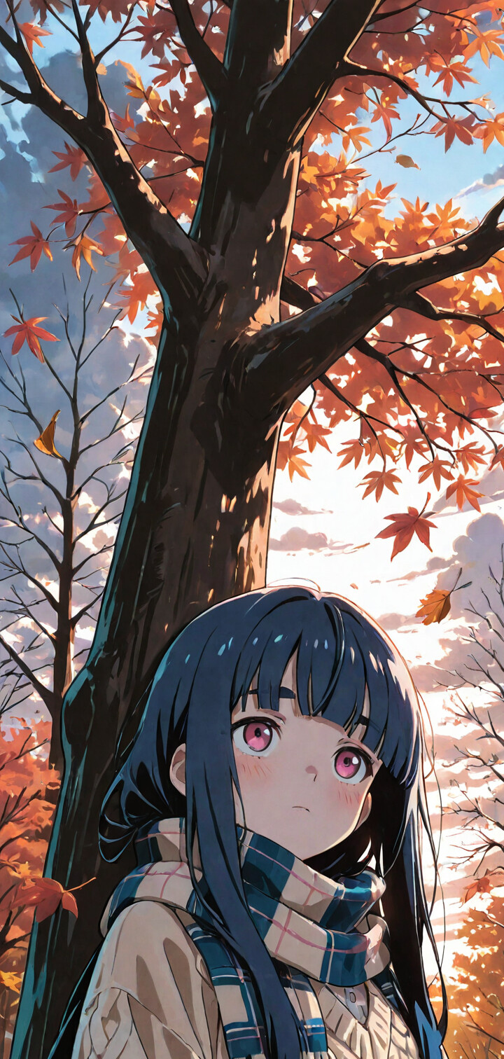 An anime illustration of Akane Kinoshita from Loving Yamada at Lv999! with dark blue hair and a plaid scarf, standing under a tree with bright orange autumn leaves.
