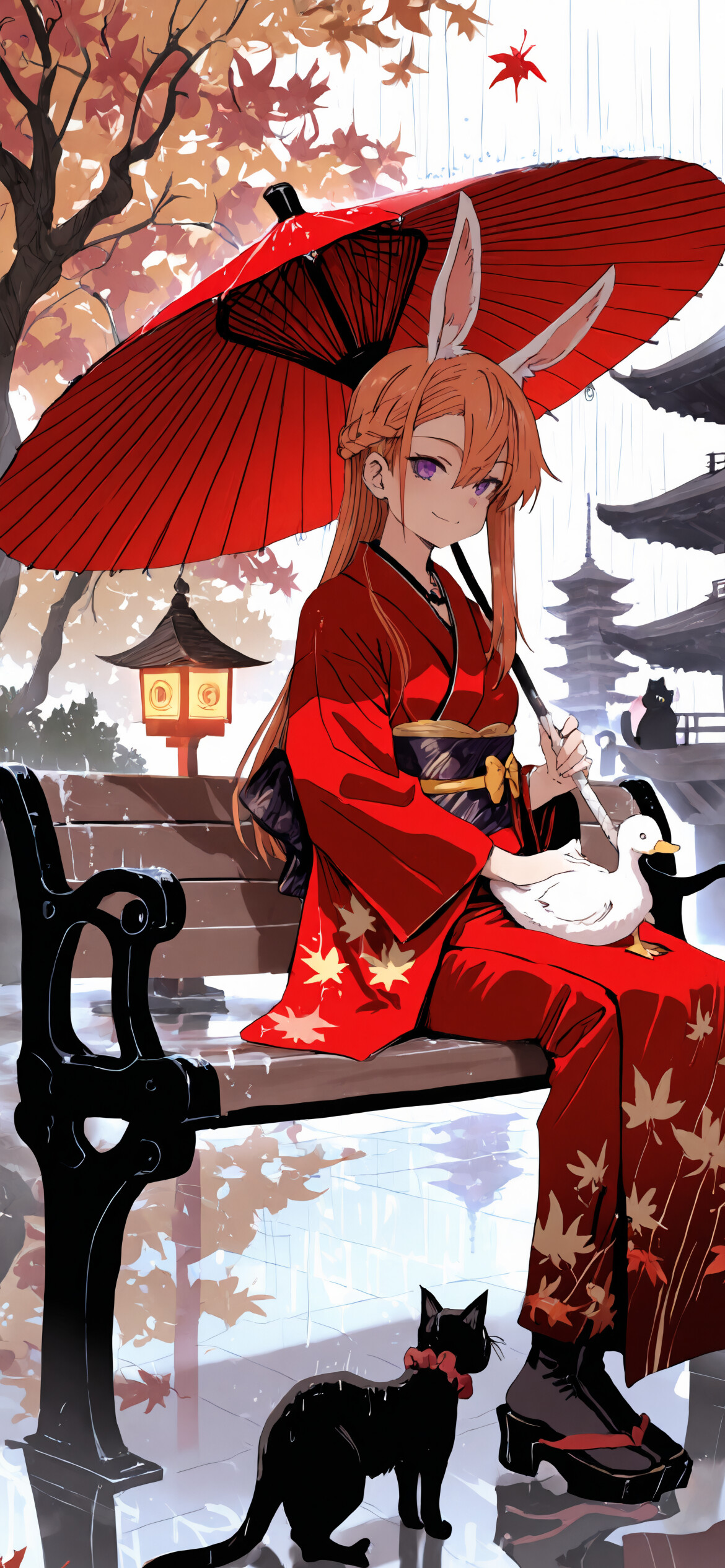 An anime-style girl with orange hair and bunny ears in a red kimono sits on a bench under a red umbrella in a rainy Japanese temple garden. A black cat is on her lap and a white duck is on the ground next to her.