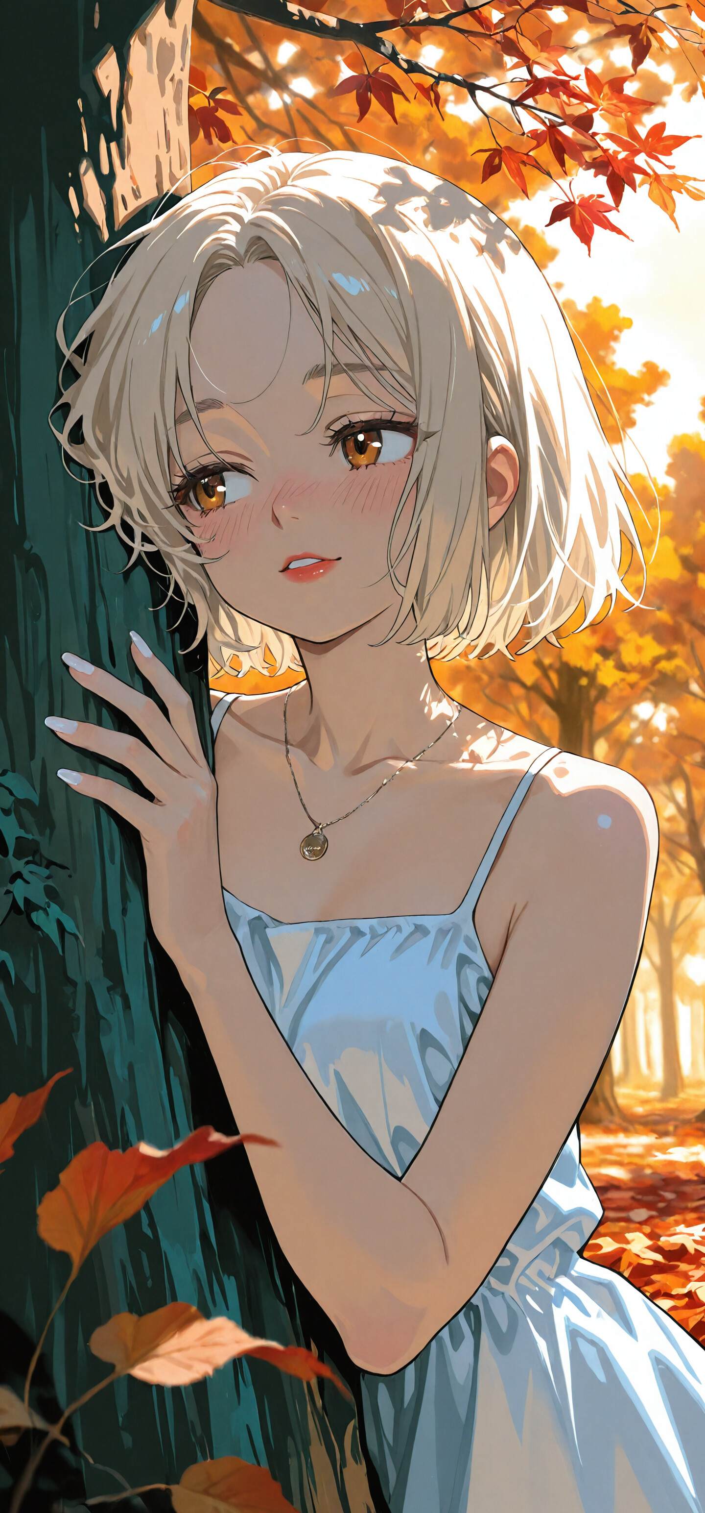 A beautiful anime-style girl with short platinum blonde hair and a white dress leans against a tree in an autumn forest during the golden hour, smiling softly as she looks to the side.