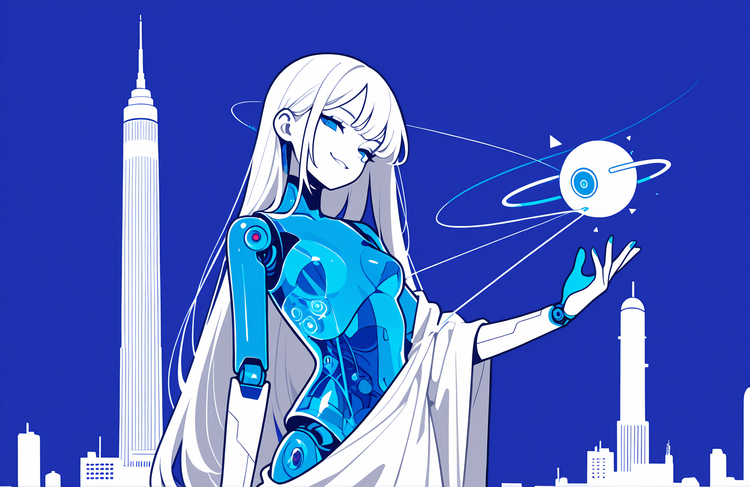 An anime-style illustration of a female android with a transparent blue body and long blue hair. She is wearing a white futuristic headdress and clothing, smiling as she stands in front of a blue cityscape dominated by a tall, needle-like tower.