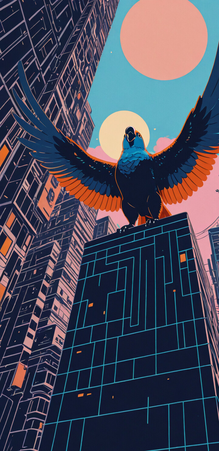 A low-angle view of a giant blue parrot with wings spread, flying over a city street. A large yellow sun is visible in the pink sky behind it.