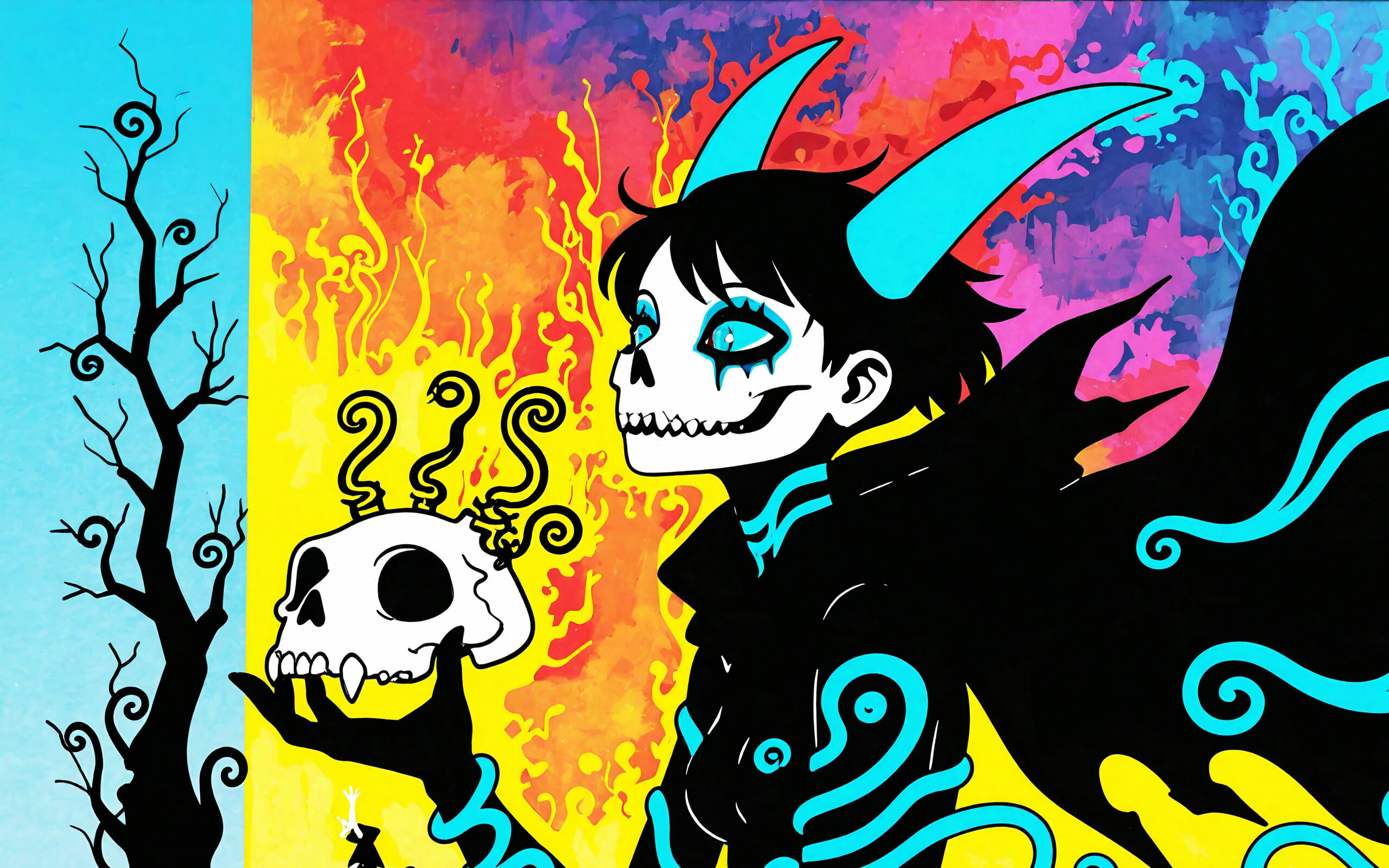 An illustration of a girl with a black pixie cut and large, striped blue horns. She wears a black cloak with a large skull and ribcage design on it, and is set against a yellow watercolor sun background, surrounded by black tendrils with blue eyes.