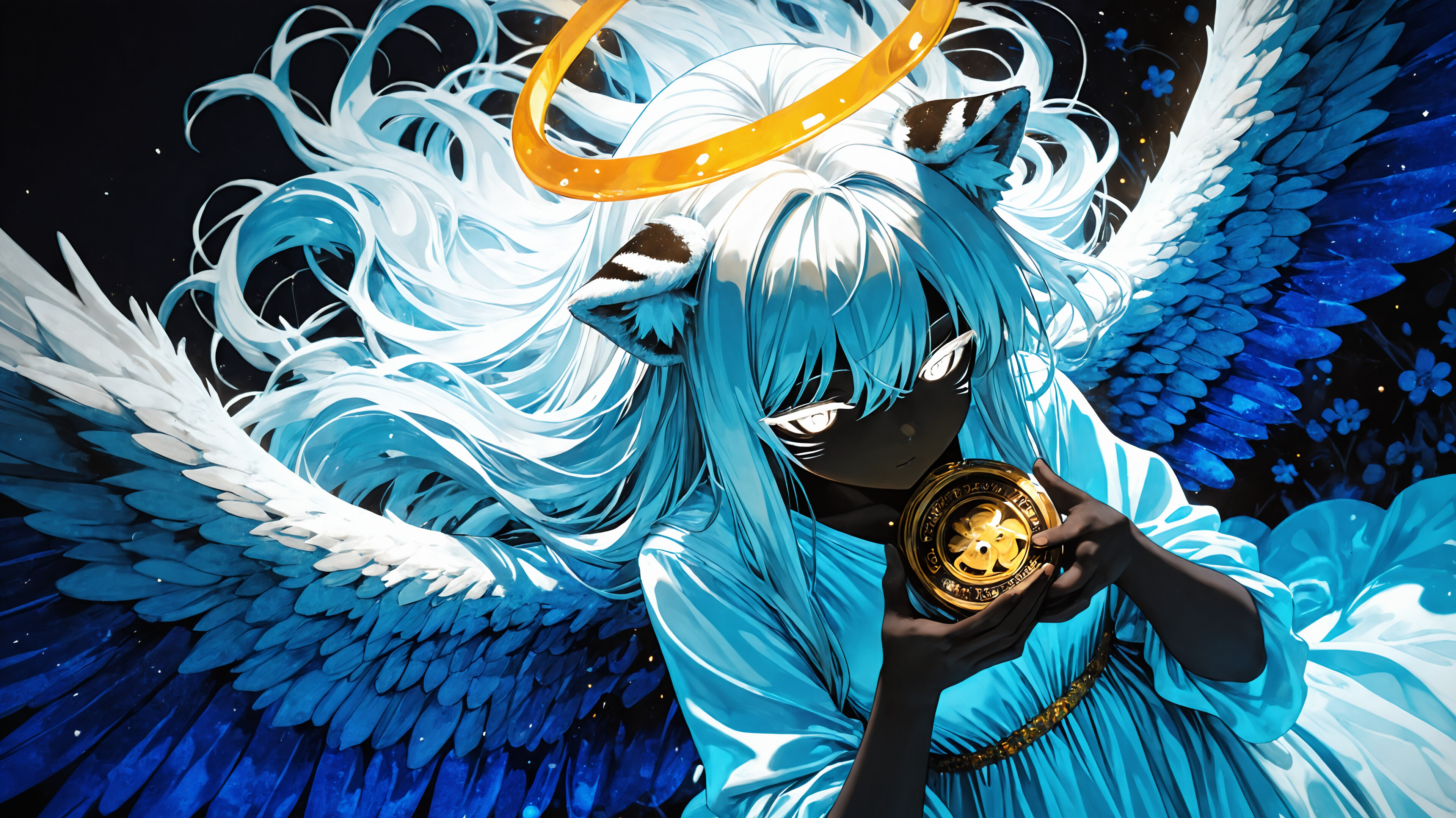 An anime-style illustration of an angelic figure with dark blue skin, long white hair, and white tiger ears. She has white feathered wings, a dripping golden halo, and glowing white eyes, and is holding a golden sun-like object.