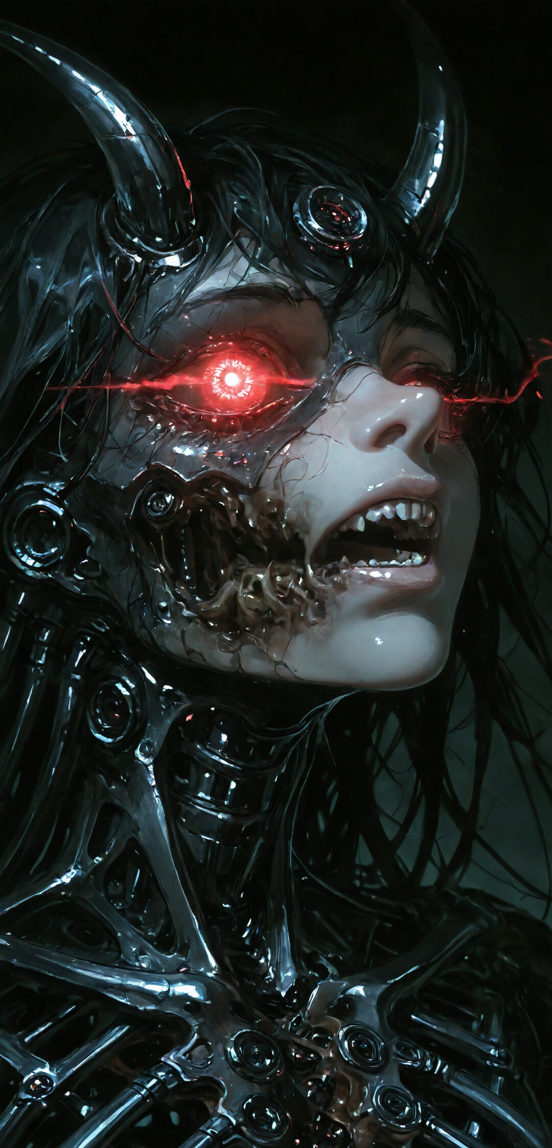 A close-up digital painting of a young woman with dark hair, metallic horns, and glowing red eyes. The right side of her face and her entire torso are replaced with intricate biomechanical parts, including an exposed metallic ribcage, set against a dark, moody background.