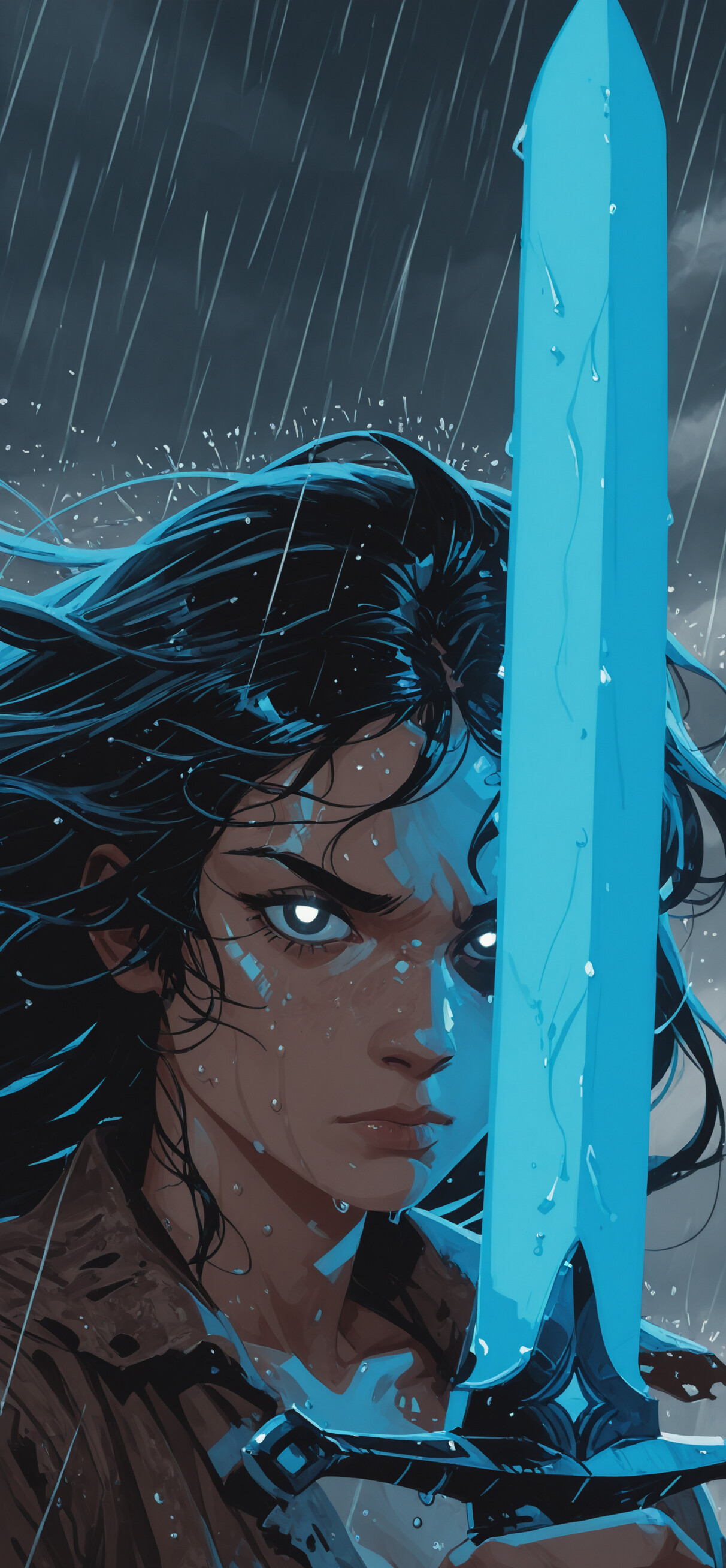 A digital illustration of a young woman with long black hair in the rain, looking intensely at the viewer from behind a large, glowing light-blue sword.