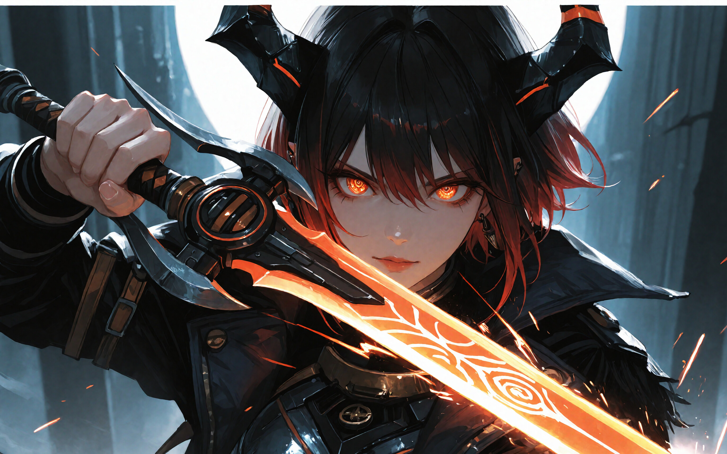 A close-up of a dark-haired anime girl with glowing orange eyes, holding a fiery, incandescent sword vertically in front of her face with armored hands.
