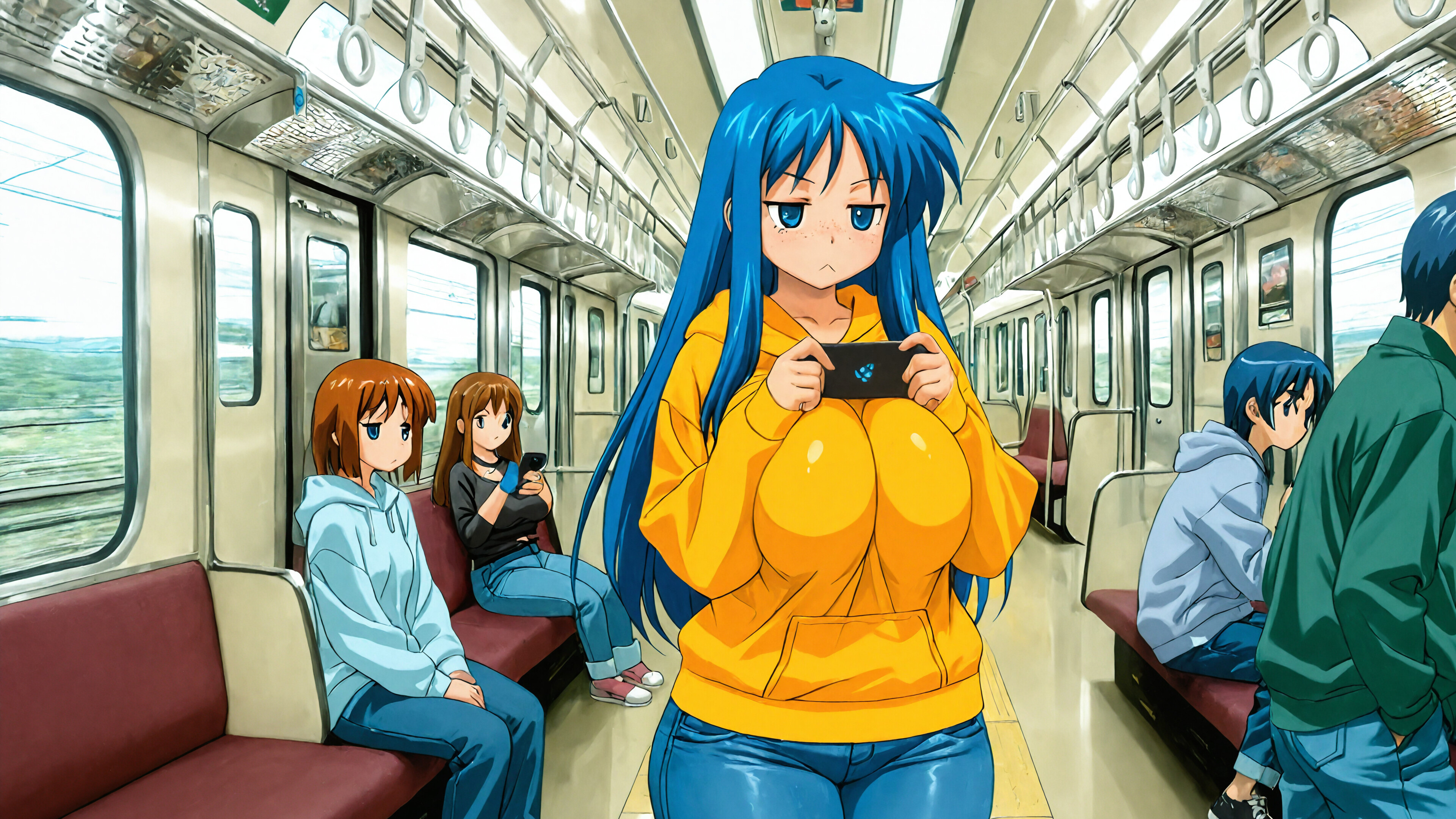 An anime girl with long blue hair, freckles, and a large bust, wearing a beige hoodie and tight jeans, stands on a subway train looking at her phone with a bored expression.