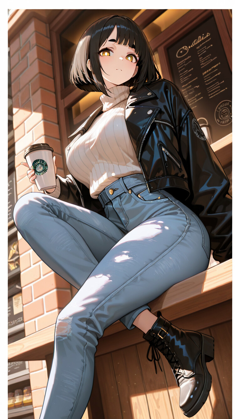 An anime-style illustration of a young woman with short black hair and a leather jacket, sitting on a counter outside a coffee shop and holding a coffee cup.