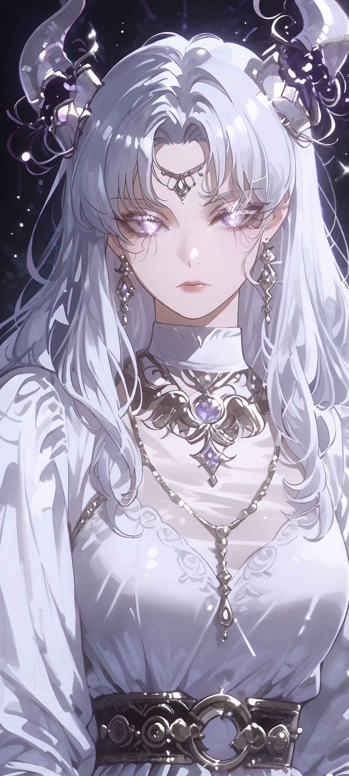 An anime-style portrait of a beautiful woman with long white hair, glowing white eyes, and crystalline horns. She wears an elegant white dress and ornate silver jewelry against a dark, sparkling background.