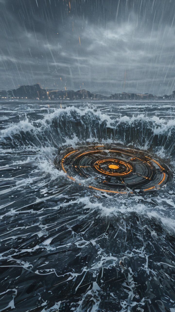 A dramatic fantasy painting of a stormy sea where a massive, tree-shaped column of water rises, glowing with a bright blue light from within. Rain falls from a dark, cloudy sky onto the turbulent ocean and a rocky shore.