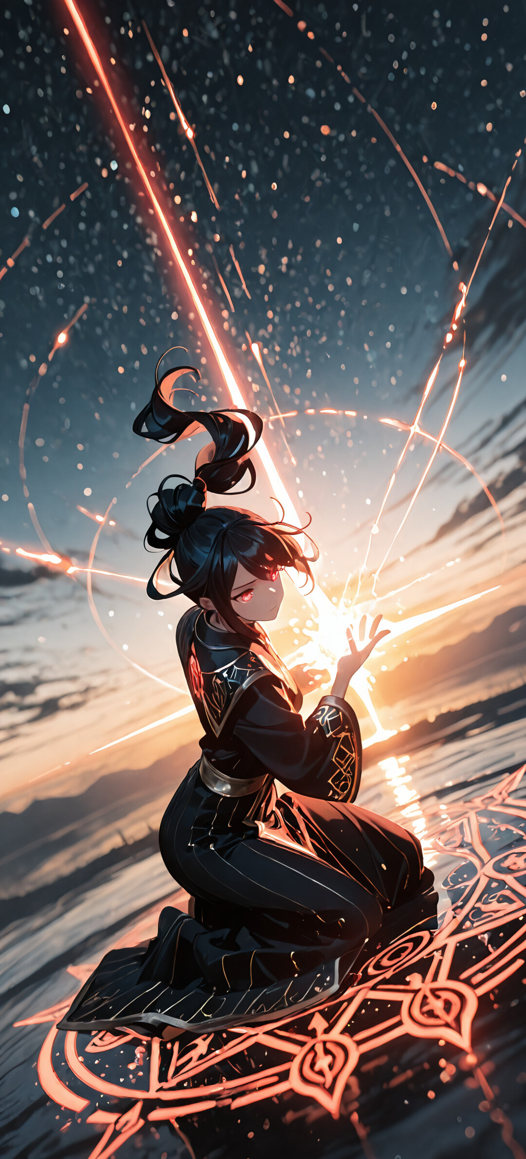 An anime-style mage with black hair and red eyes kneels in a glowing red magic circle under a starry sky. A large red celestial symbol glows above her as she holds a bright orb of light in her hand.