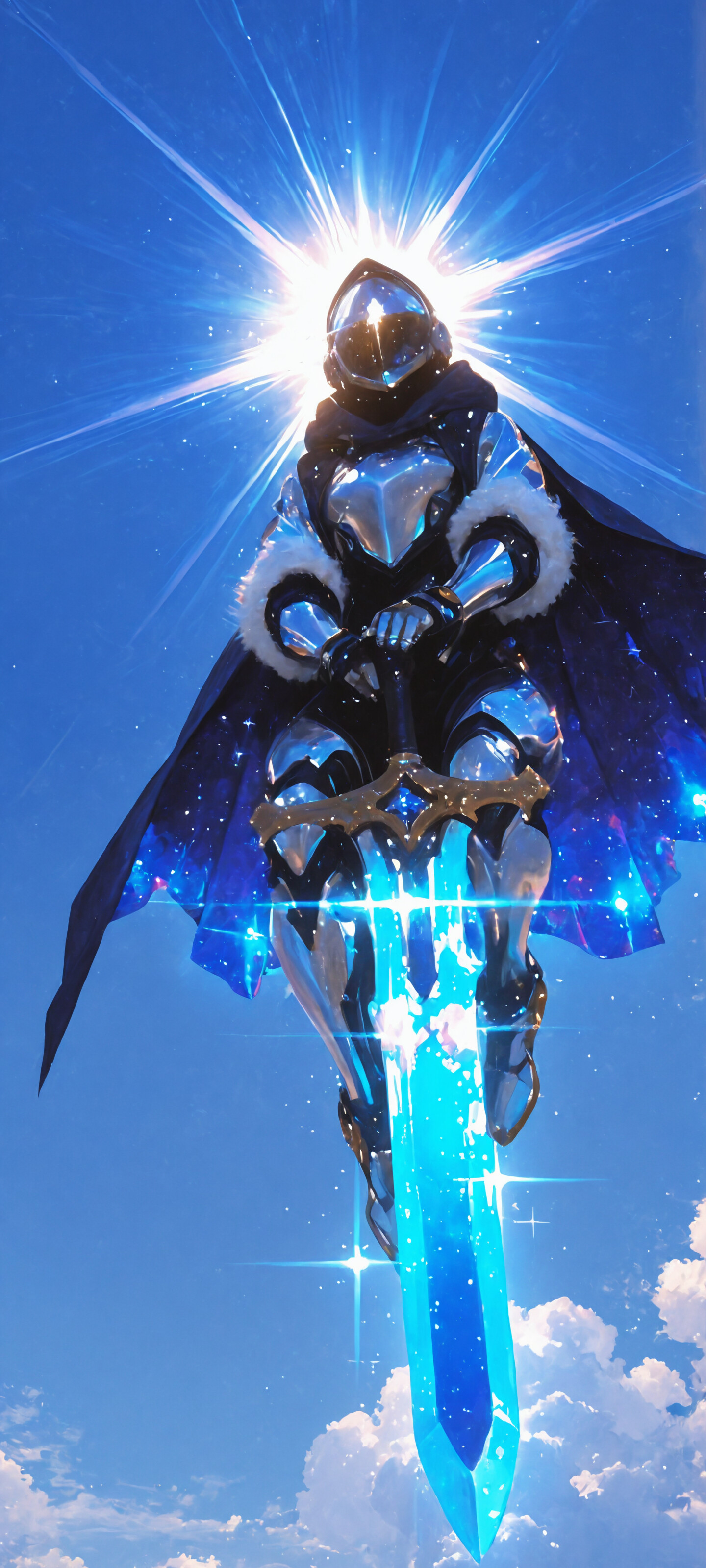 A full-length illustration of a warrior in futuristic, reflective blue armor and a hooded, star-patterned cape, floating in a bright blue sky while holding a glowing blue longsword.