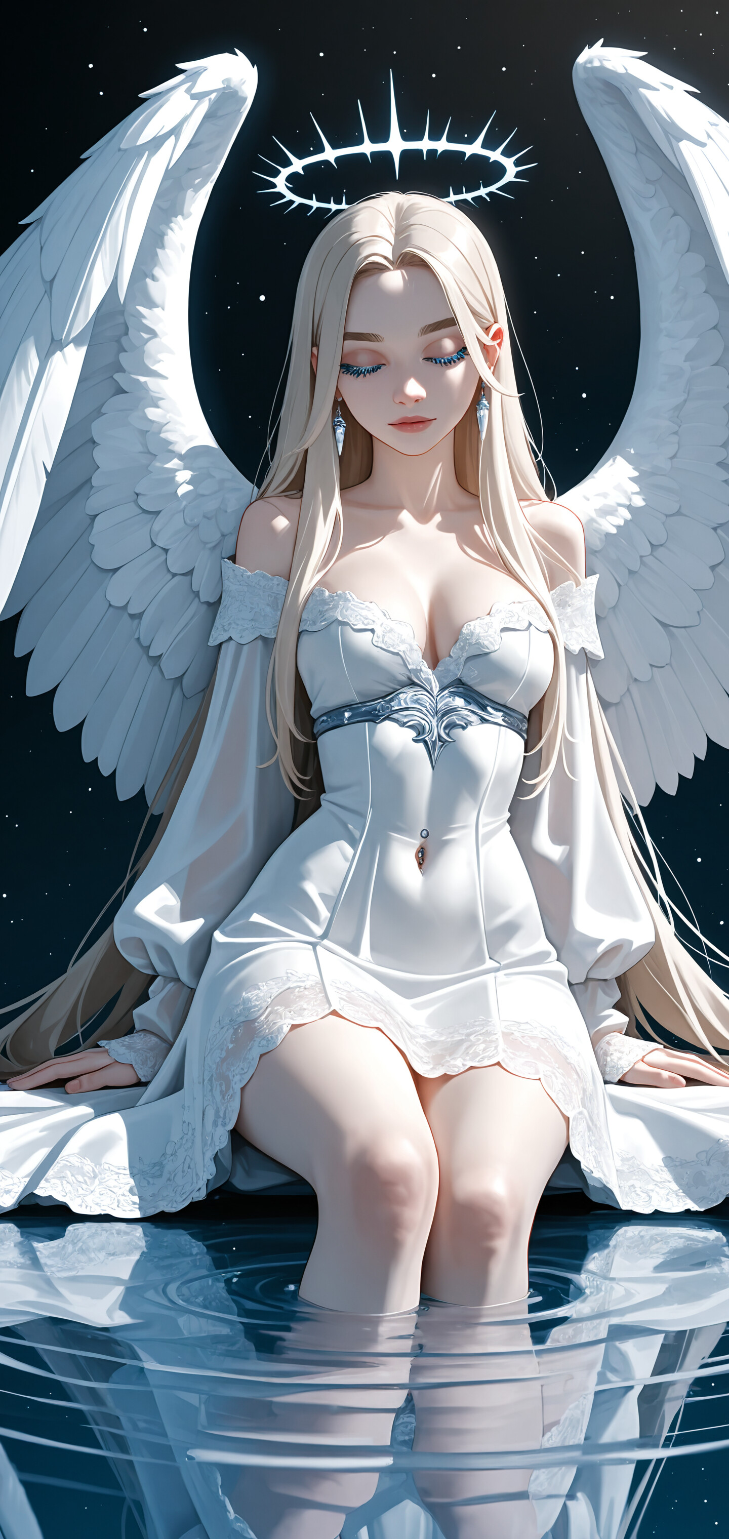 A digital illustration of a young, beautiful angel with long platinum blonde hair, a halo, and large white wings, sitting with her eyes closed in a serene pose against a blue background.