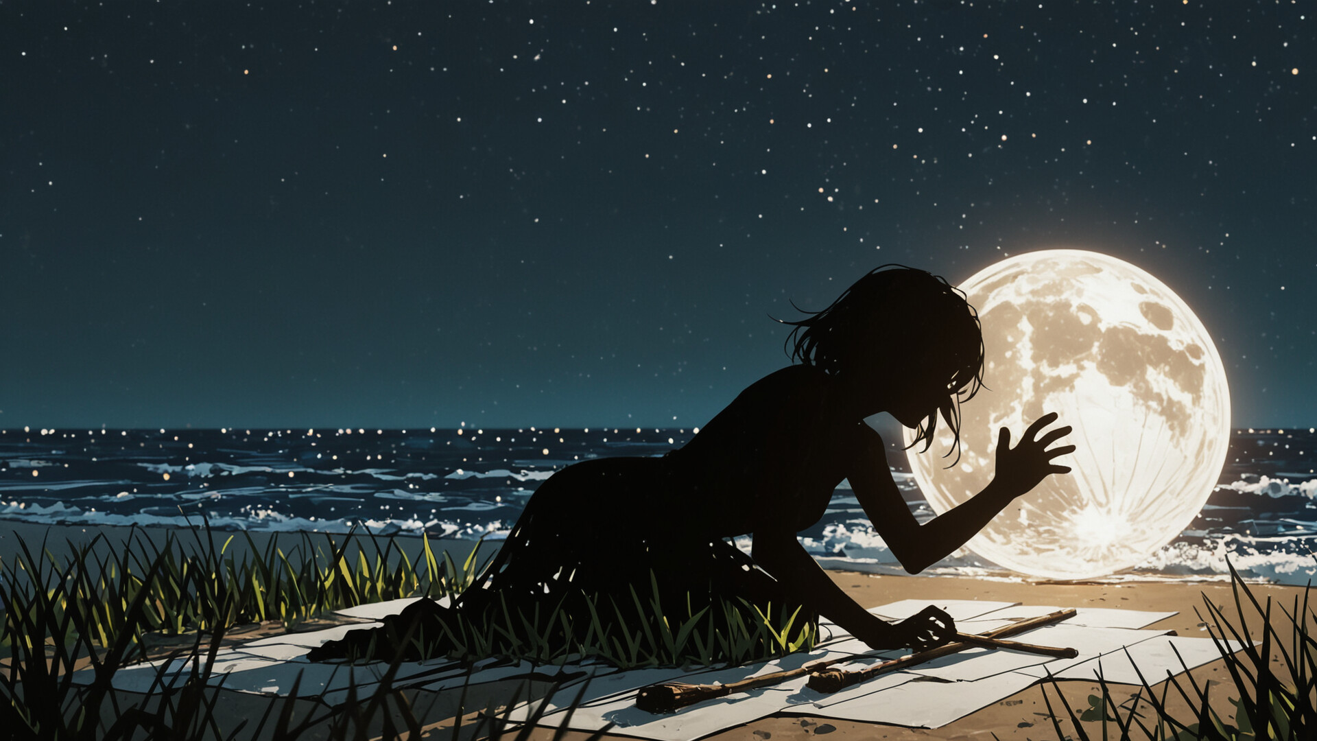 A silhouette of a person levitating in front of a giant crescent moon at night. The silhouette is exploding into black shards, and a glowing golden liquid drips from their feet onto the grassy ground below.