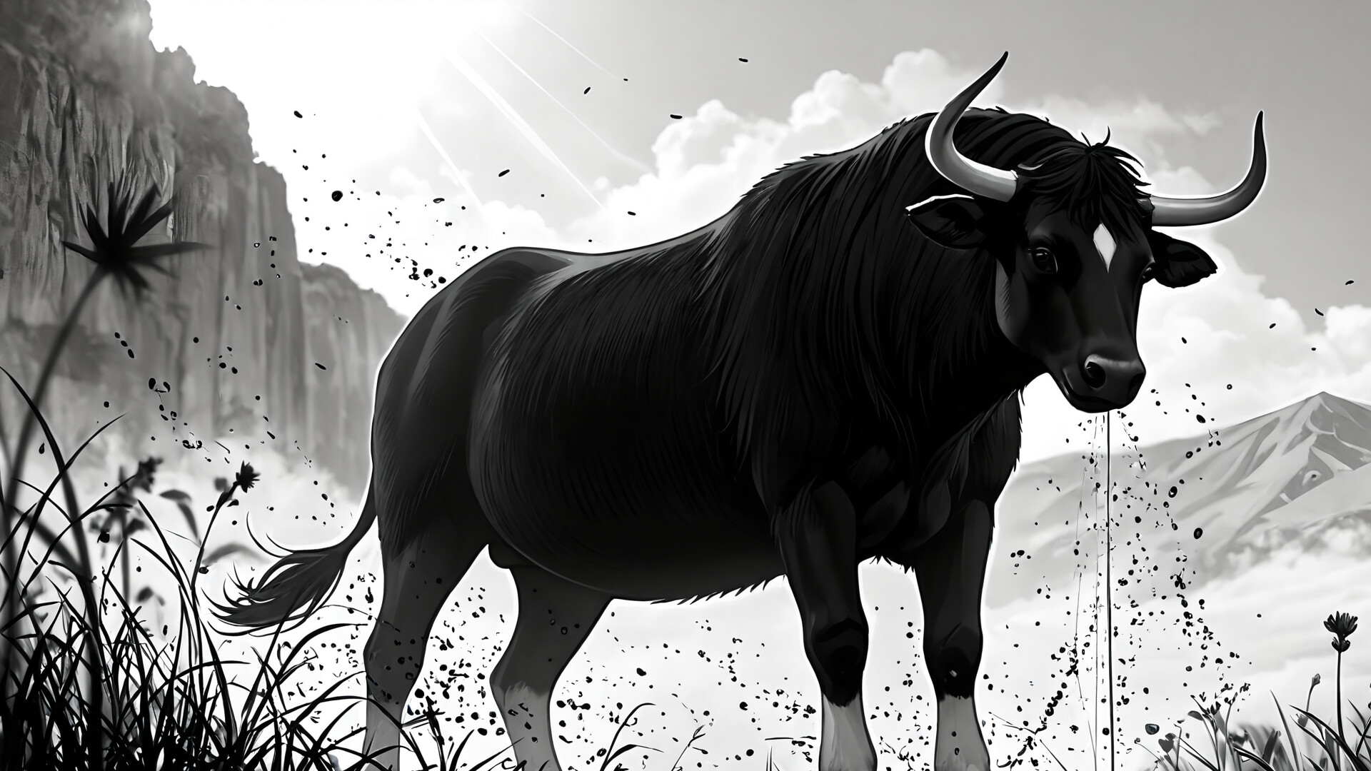 A monochrome anime-style illustration depicting a small, silhouetted girl with horns and a tail from behind, looking up at a giant, ethereal bull's head in a cloudy sky. Thin black threads hang between them against a dramatic, ink-splattered background.