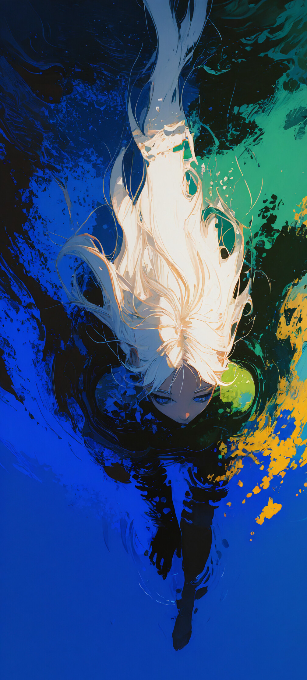 An overhead view of an anime-style woman with long white hair and blue eyes floating on her back in a surreal, multi-colored sea of blue and turquoise ink.