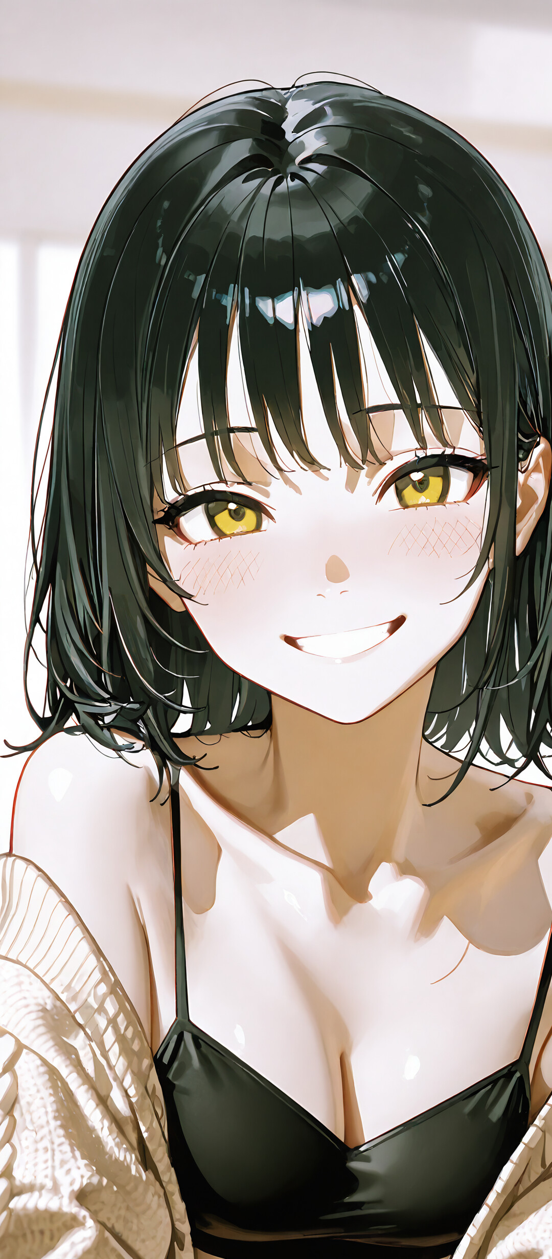 An anime-style portrait of a smiling young woman with short black hair, bangs, and bright golden eyes. She wears a black top and a beige cardigan, with her hand resting under her chin.