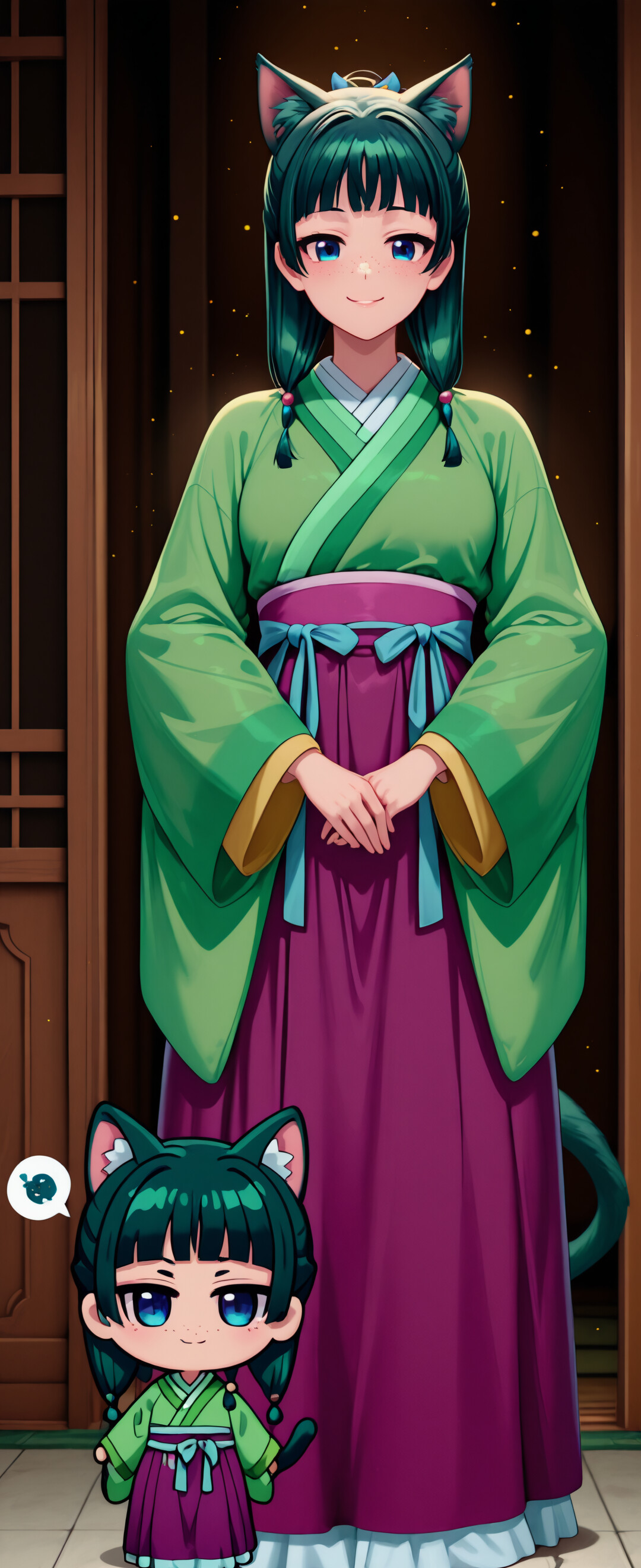 A full-body chibi illustration of the character Maomao from The Apothecary Diaries, reimagined as a cat girl. She has green hair with cat ears and a tail, large blue eyes, and freckles. She is wearing a green and purple traditional outfit and is standing in a room with Japanese-style doors.