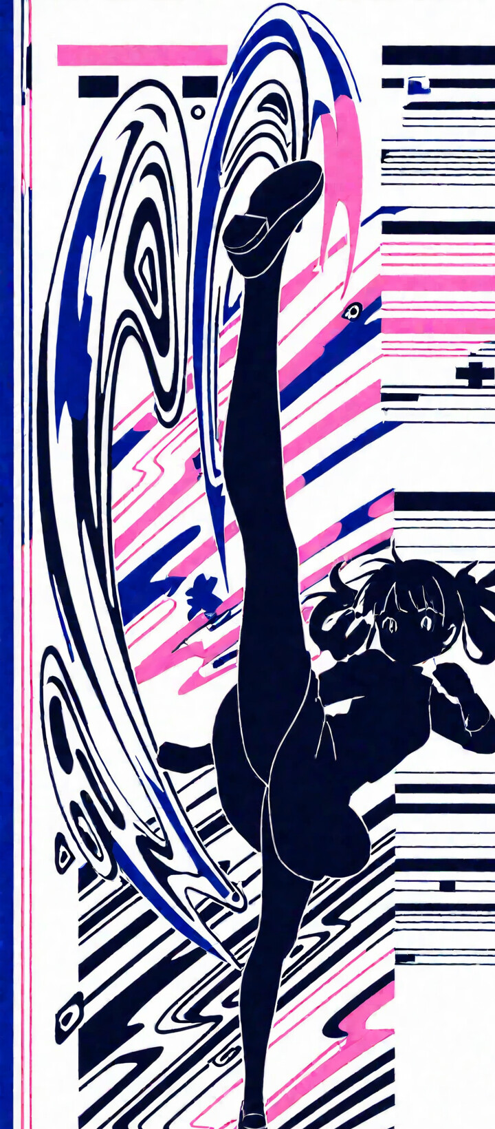 An anime-style digital illustration featuring the silhouette of a schoolgirl with twintails performing a high flying kick. She is outlined in white against a background of colorful diagonal pastel stripes, suggesting speed and motion.