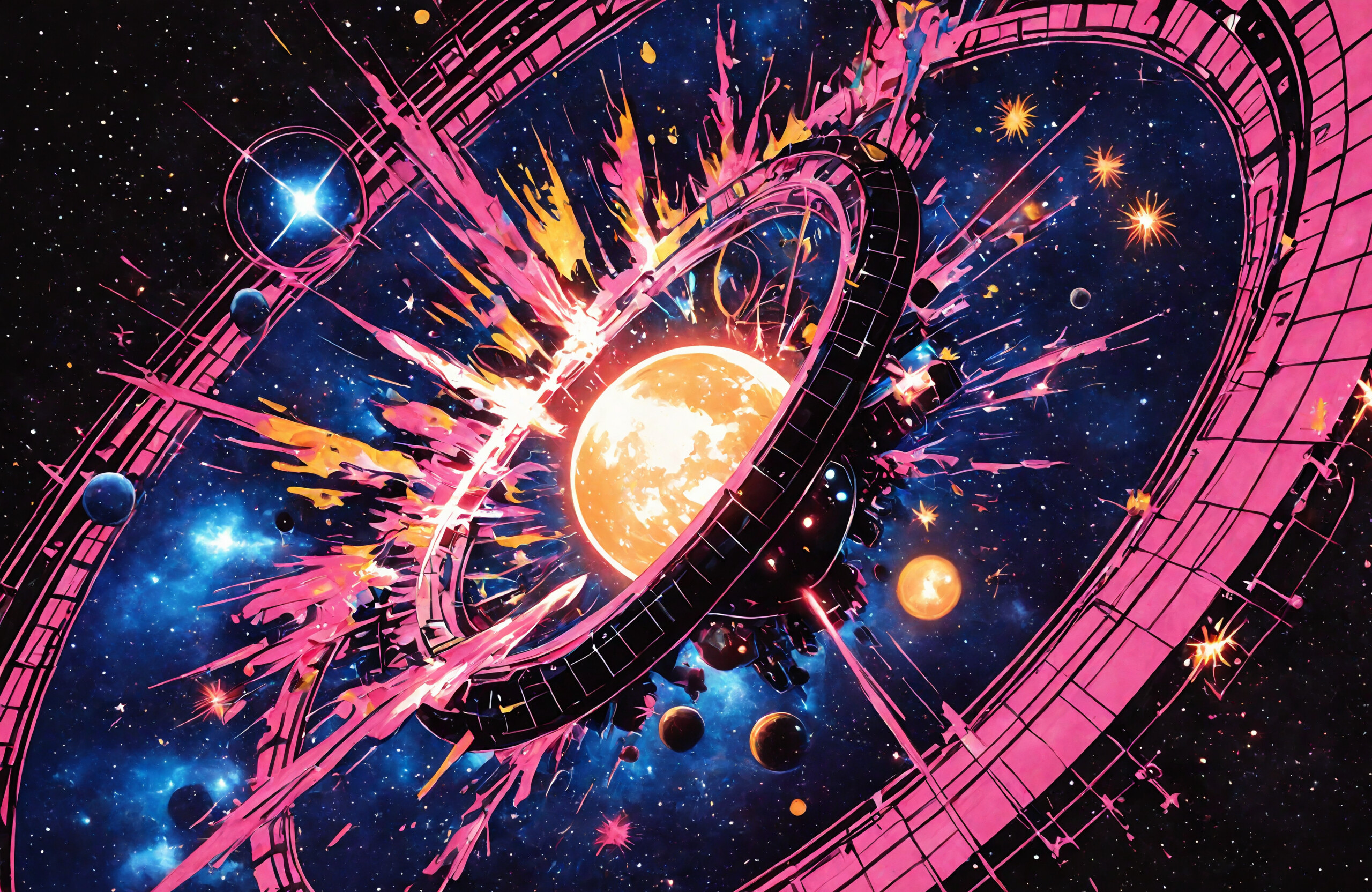 An abstract digital illustration of a futuristic, ringed space station with a glowing yellow core, set against a dark space background. The station is the epicenter of a massive, colorful explosion of blue, yellow, and pink paint-like splashes and streaks of light.