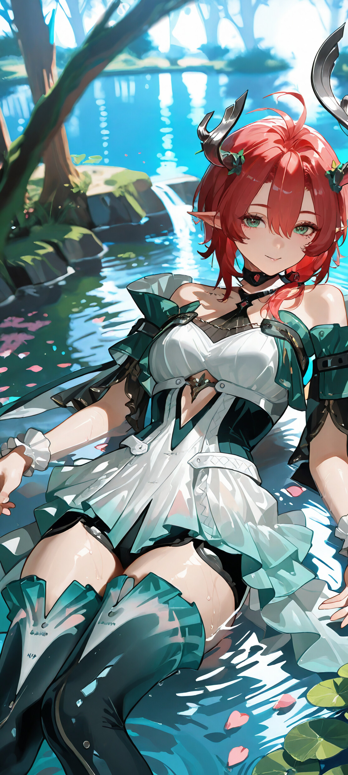 An illustration of Ciaccona from Wuthering Waves, a red-haired girl with horns, sitting gracefully in a shallow, sunlit pond in a lush forest, smiling at the camera.