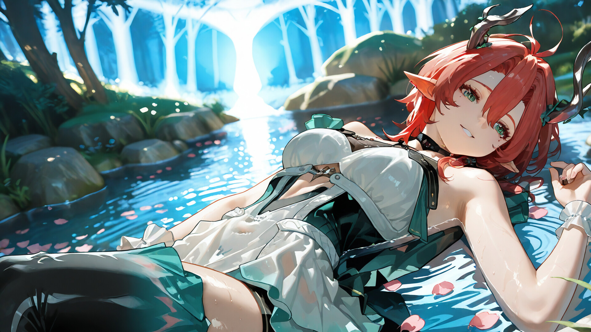 An illustration of Ciaccona from Wuthering Waves, a red-haired girl with horns, sitting gracefully in a shallow, sunlit pond in a lush forest, smiling at the camera.