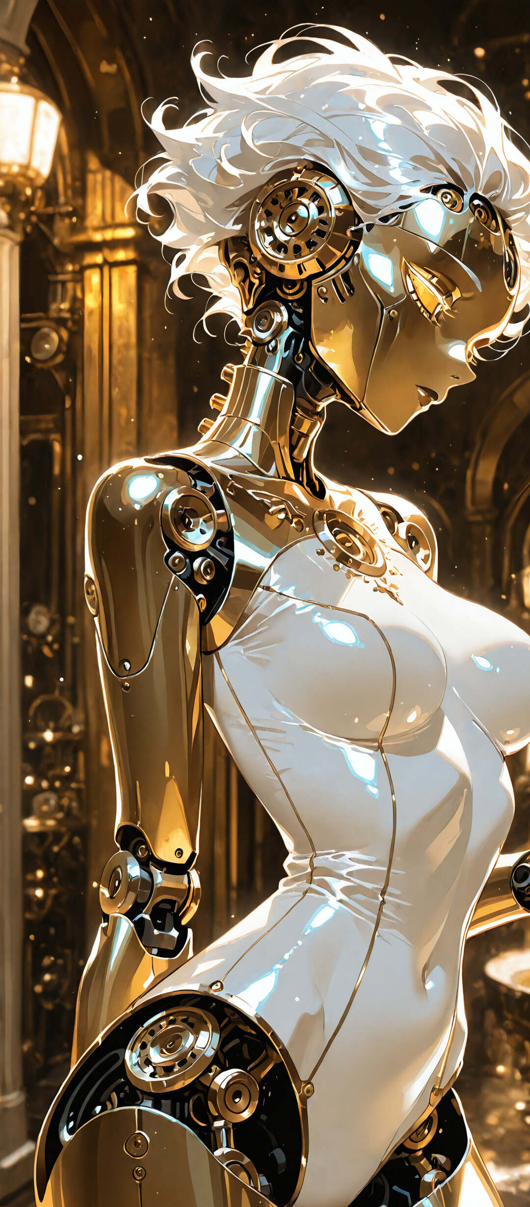 An elegant female android with a white porcelain-like body and intricate gold details. She wears a complex golden steampunk headdress with angelic wings and gears, and her eyes glow gold. The background is dark with warm, blurry lights.