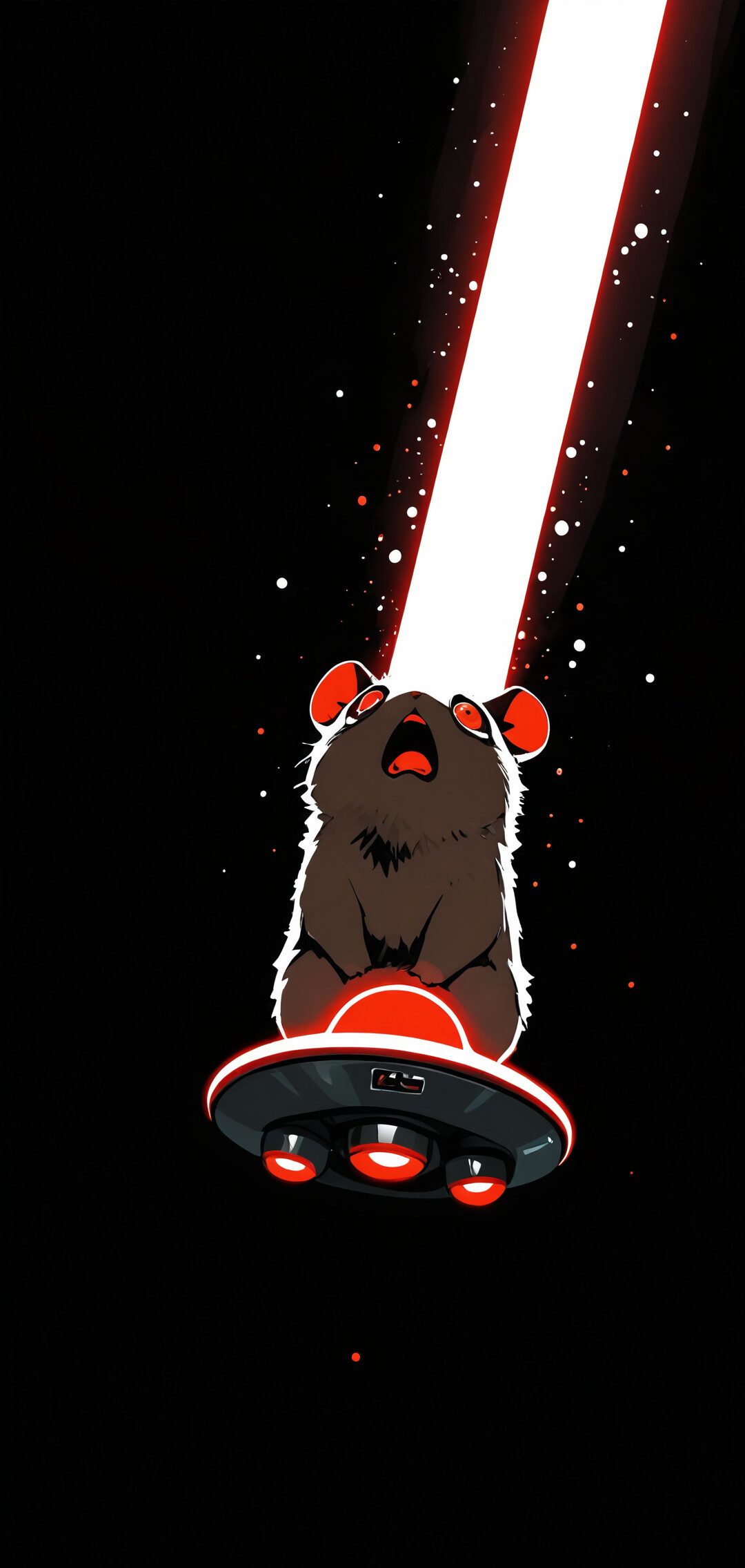 A small white hamster with red eyes and an open mouth is being levitated by a red tractor beam from a classic flying saucer against a dark background.