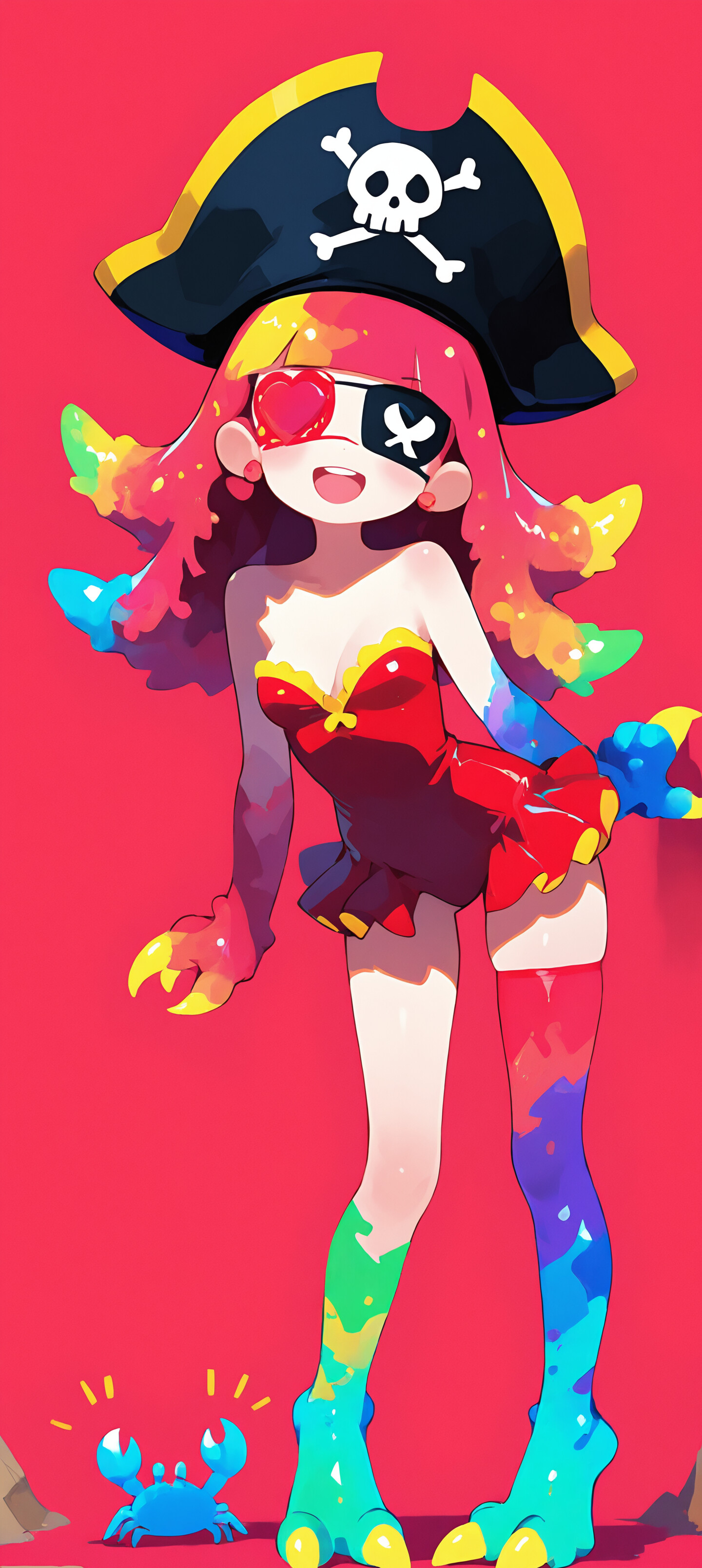 A full-body digital illustration of a red, crab-like character dressed in a pirate costume, with rainbow-colored paint dripping from its claws and feet, standing against a bright pink background.