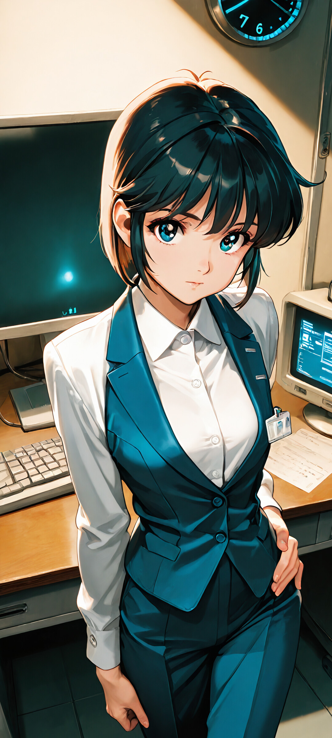 An anime-style digital illustration of a young woman in a blue business suit standing confidently in a high-tech control room, looking directly forward.