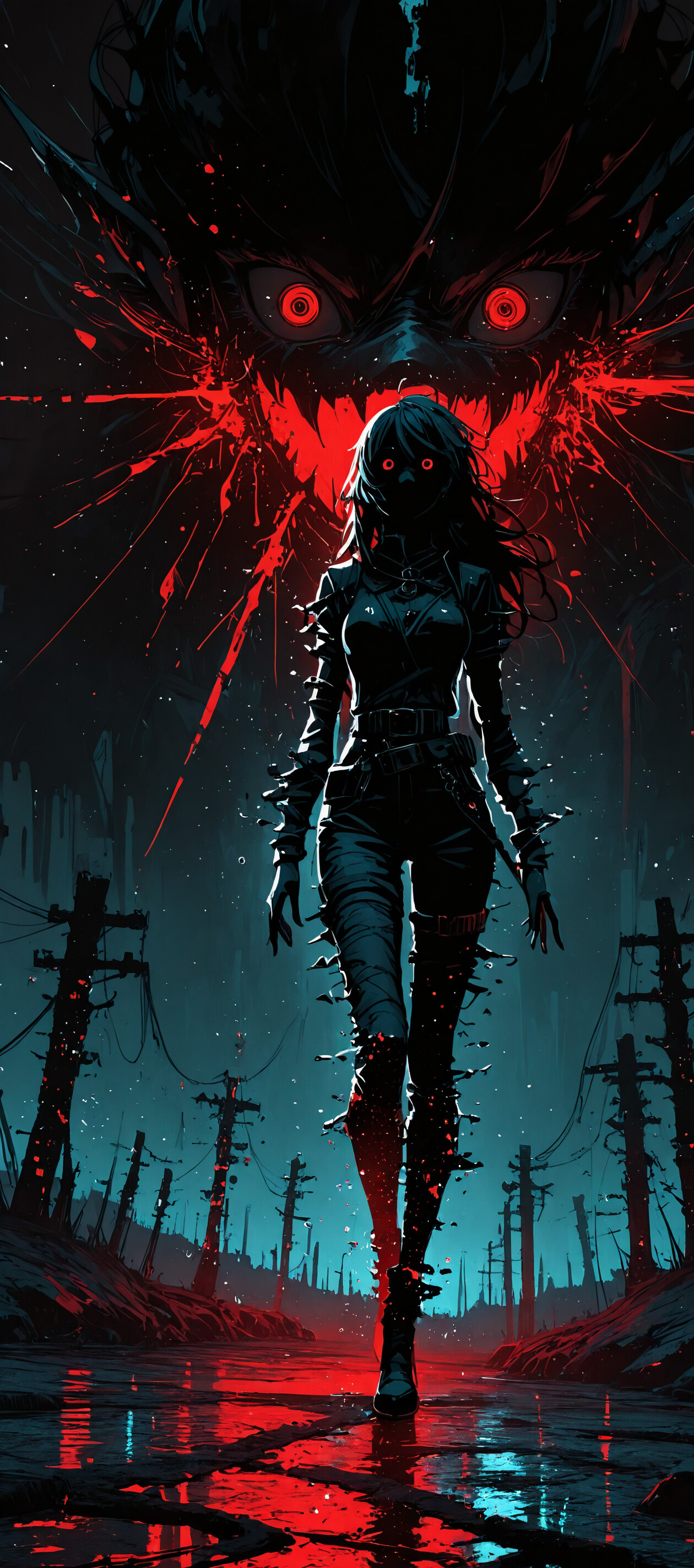A woman in a long black coat walks on a dark, broken path towards a giant, horrifying black monster made of wires and machinery. The monster has a menacing face with glowing red eyes, and the scene is illuminated by a deep red light.