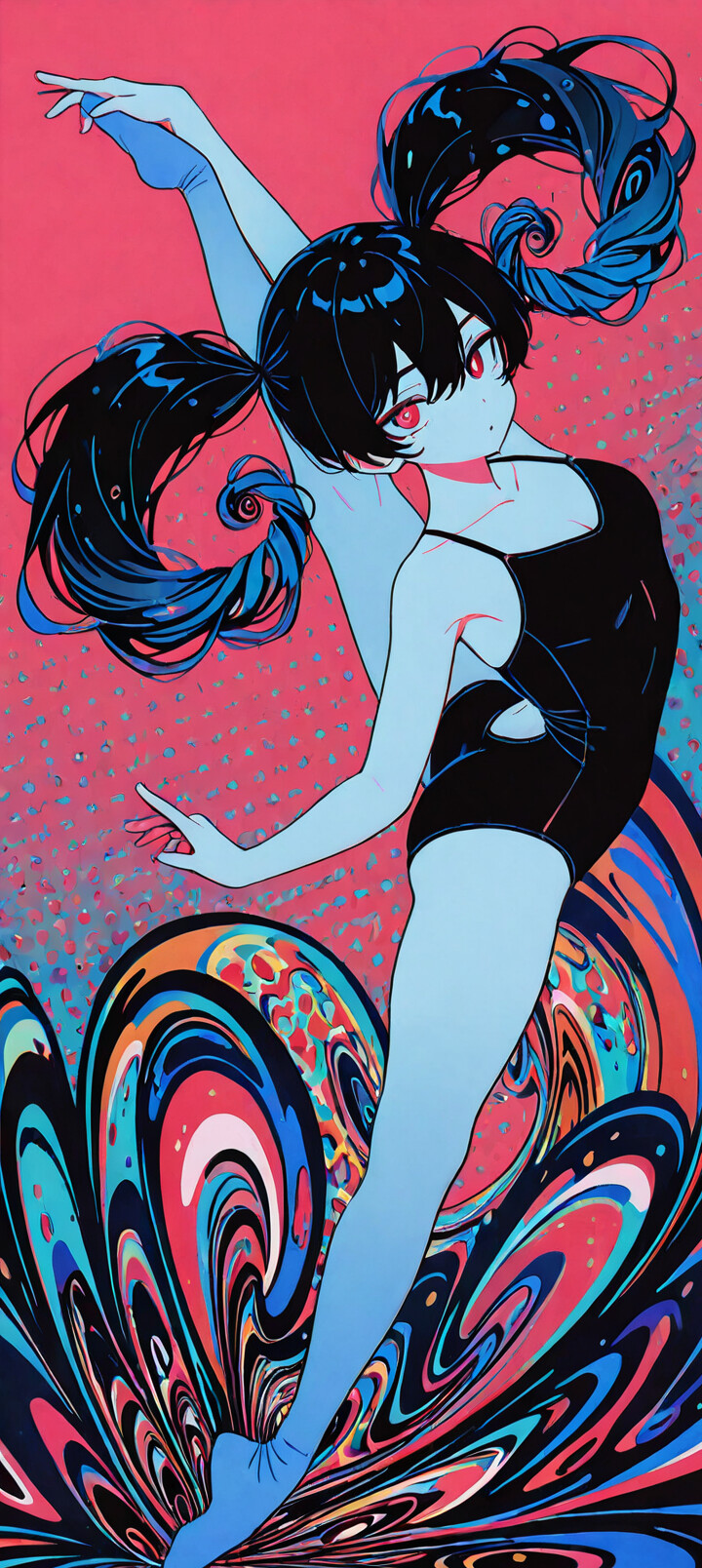 An anime-style illustration of a girl with light blue hair in two large buns, dancing gracefully in a blue and pink polka-dot leotard against a black, star-like background with swirling blue and pink ribbons of light.