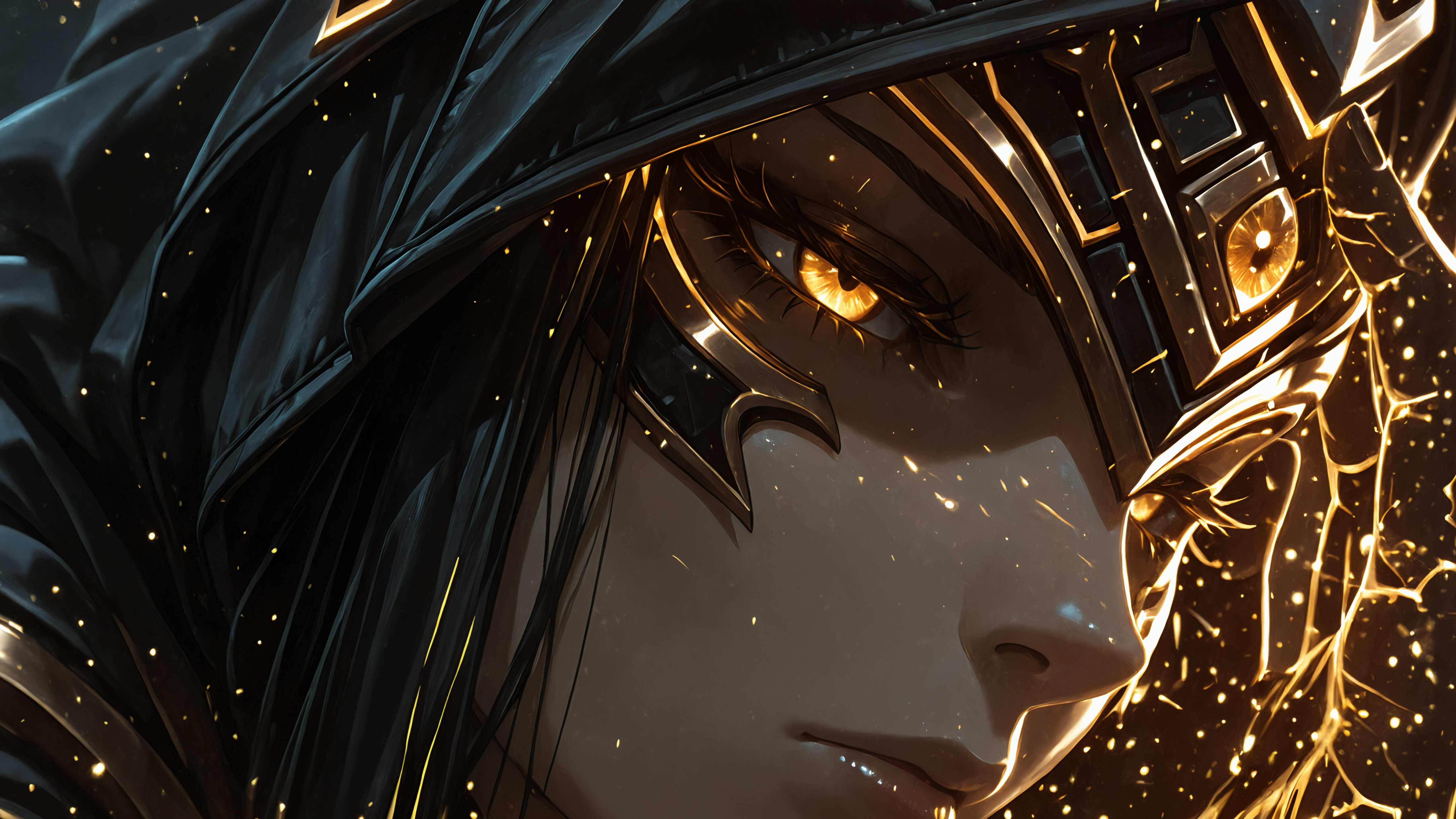 A close-up portrait of the character Justicar Syndra from League of Legends. She has glowing yellow eyes and wears a black hood over an ornate black and gold headpiece with a third eye symbol. She holds a metallic, armored hand near her face against a backdrop of glowing particles.