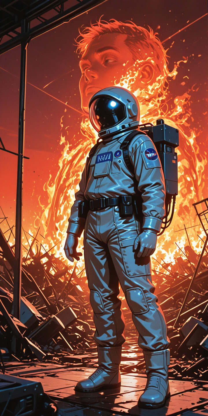 An astronaut in a white and blue NASA spacesuit stands in the foreground as a massive fire burns through a ruined city in the background.
