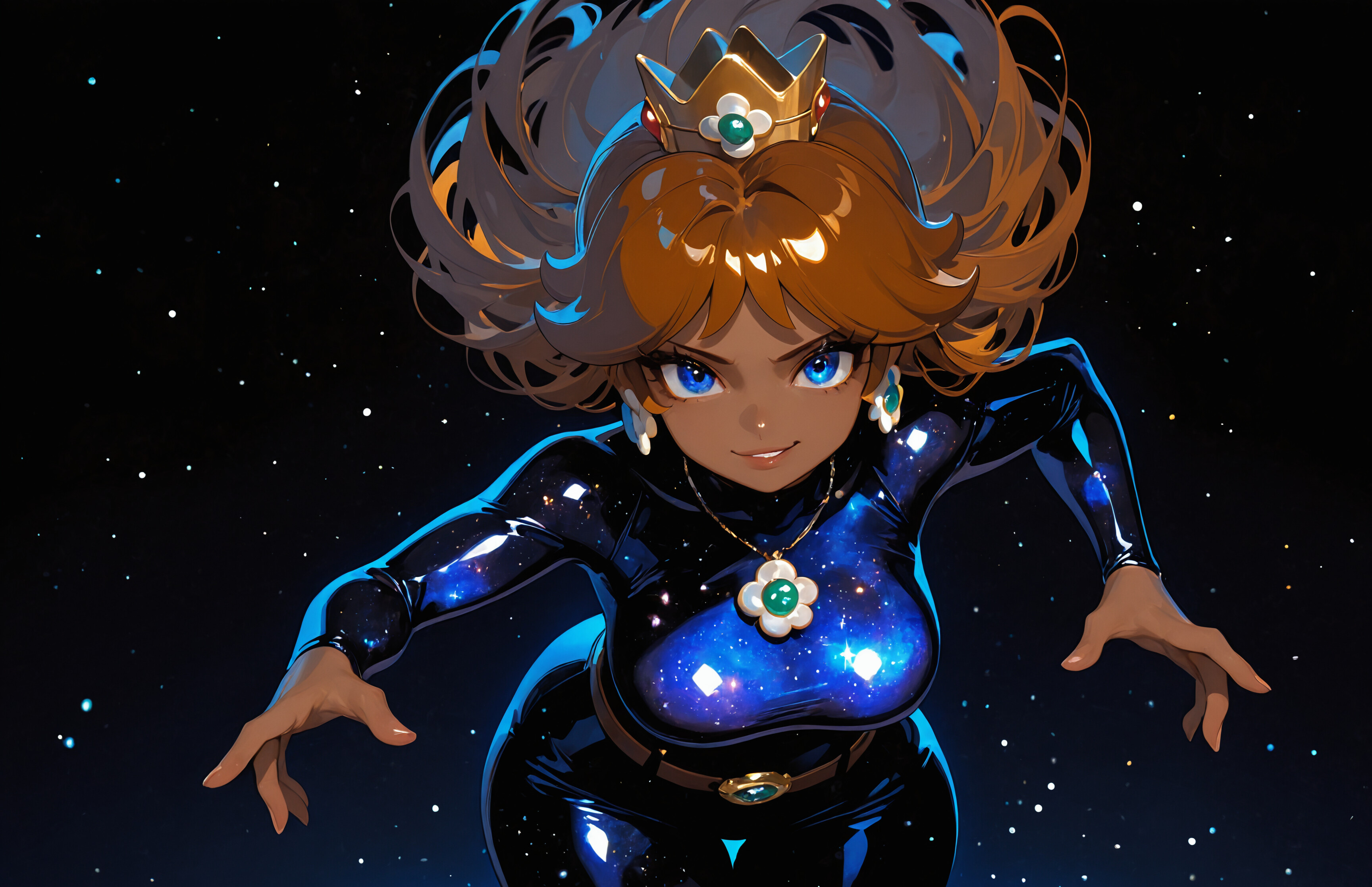 Fan art of Princess Daisy from Super Mario with dark skin and brown hair, wearing a shiny black bodysuit and her crown, posing confidently against a starry blue background.