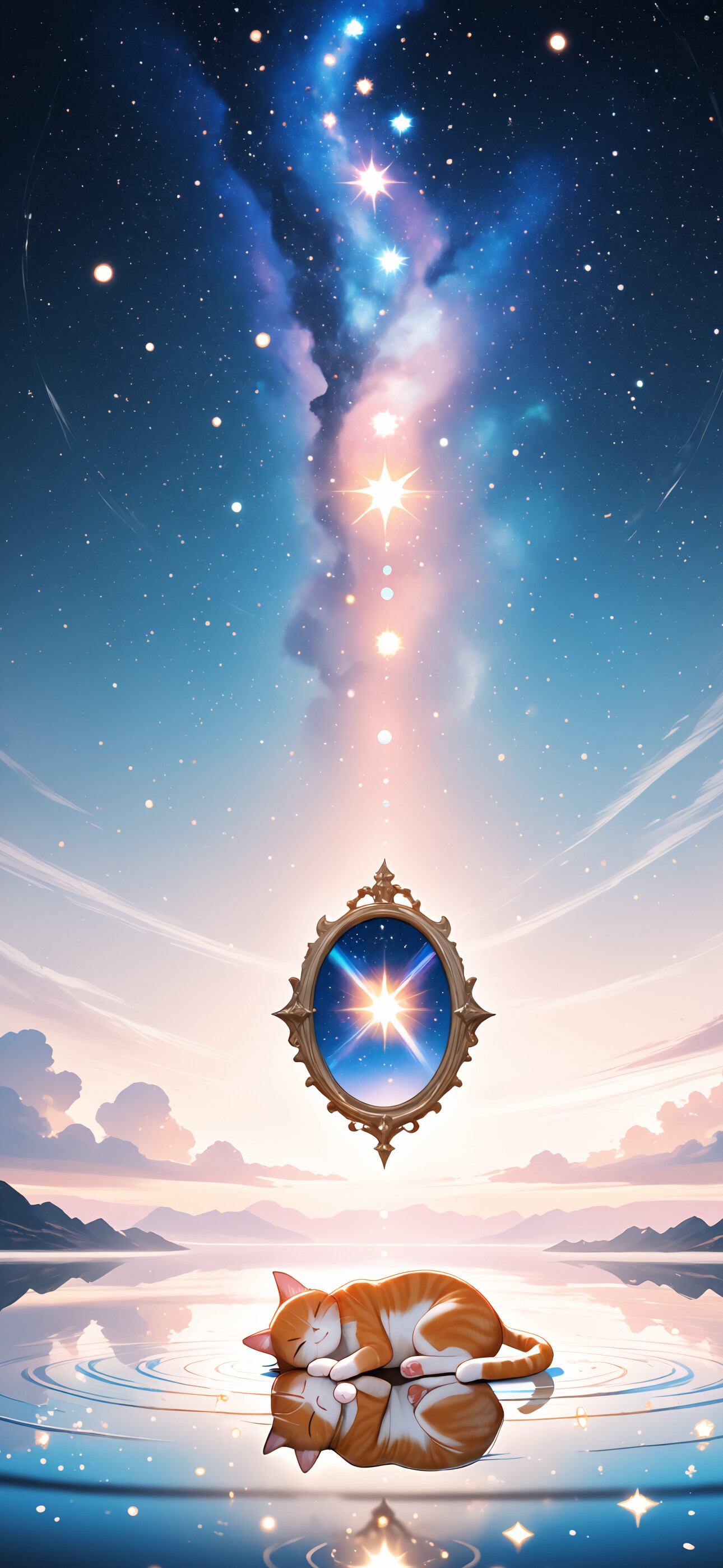 An illustration of a cute orange and white tabby cat sleeping on a reflective water-like surface. The background is a cosmic night sky with a vibrant nebula, countless stars, and a large glowing orb behind the cat.