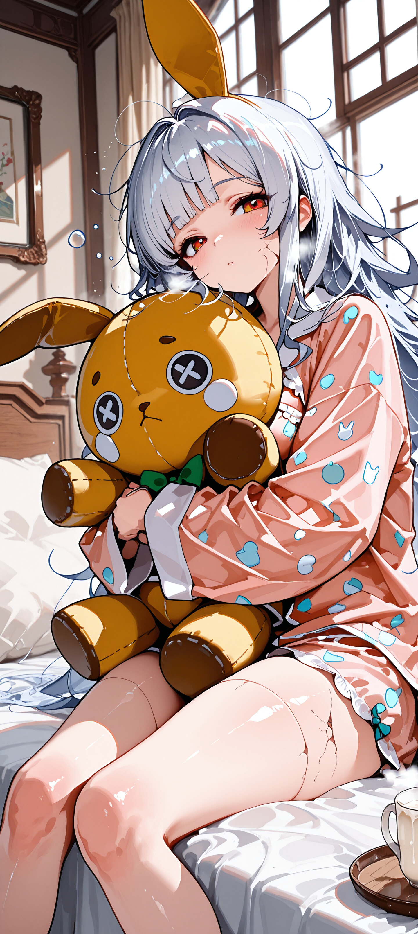 An anime girl with long white hair and red eyes, wearing pink pajamas, sits in bed in a sunlit room, holding a mug. She has doll-like cracks on her face and joints on her limbs.