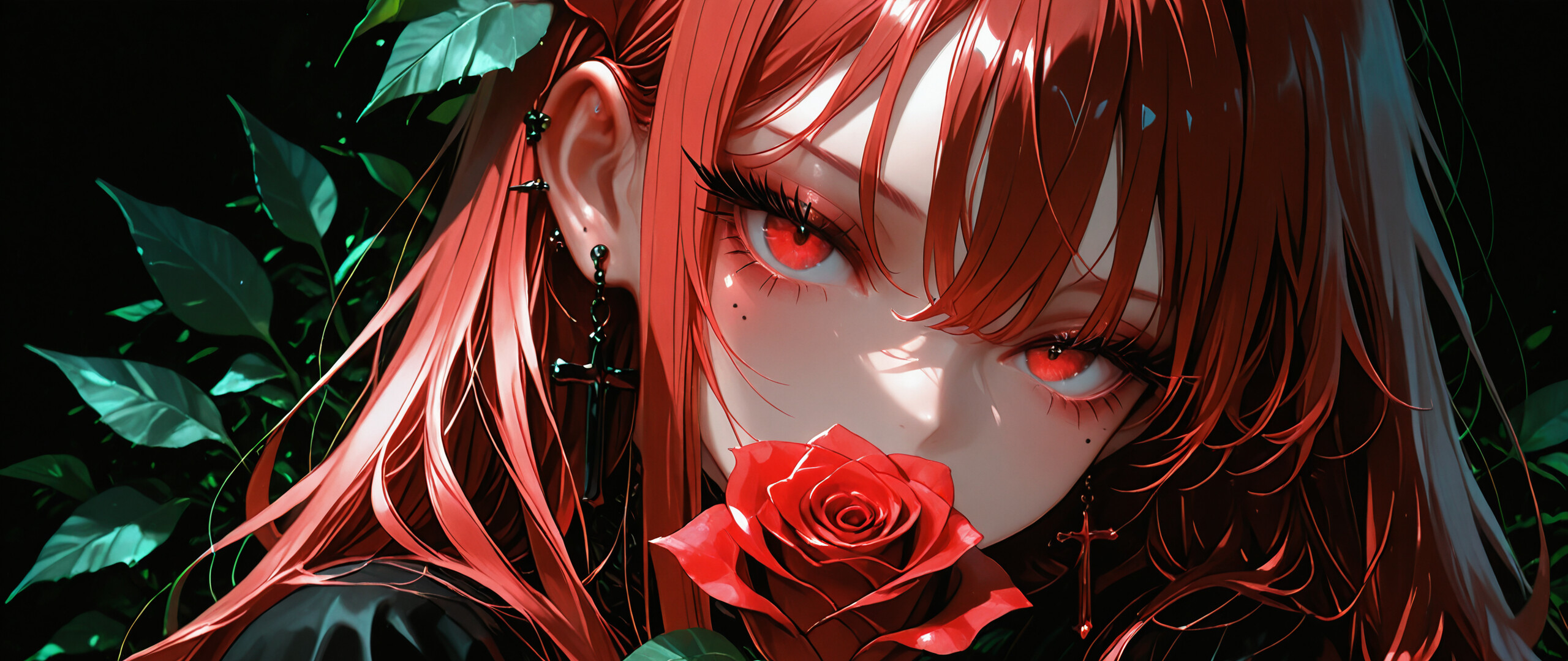 An anime-style illustration of a girl with long red hair and glowing red eyes. She is holding a red rose up to her face, covering her mouth, and is wearing black clothes and cross earrings against a dark background.