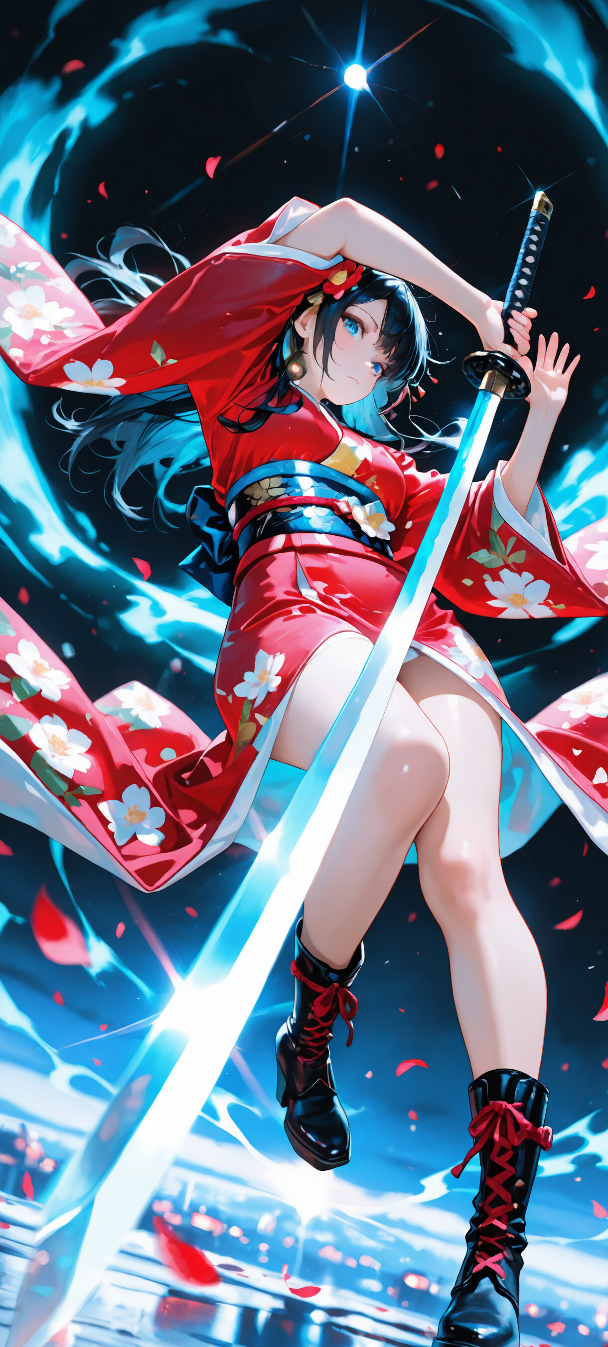 A full-body illustration of a young anime woman in a red floral kimono and black combat boots, holding a katana sword in a dynamic pose against a dark background with blue light effects and red petals.