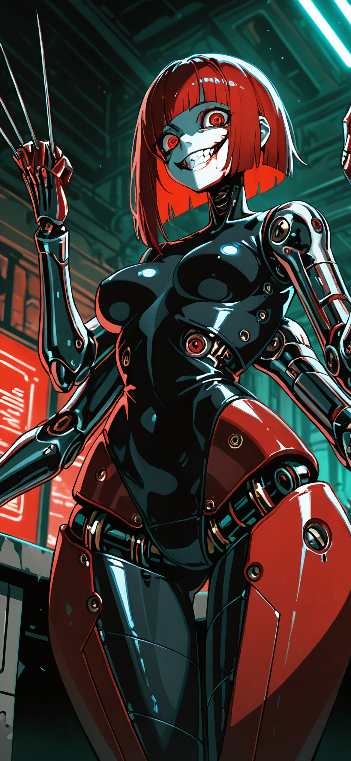 A red, six-armed female android with black hair, glowing red eyes, and a wide, evil grin looks down at the viewer in a sci-fi setting. One of her arms is equipped with sharp, scalpel-like tools.